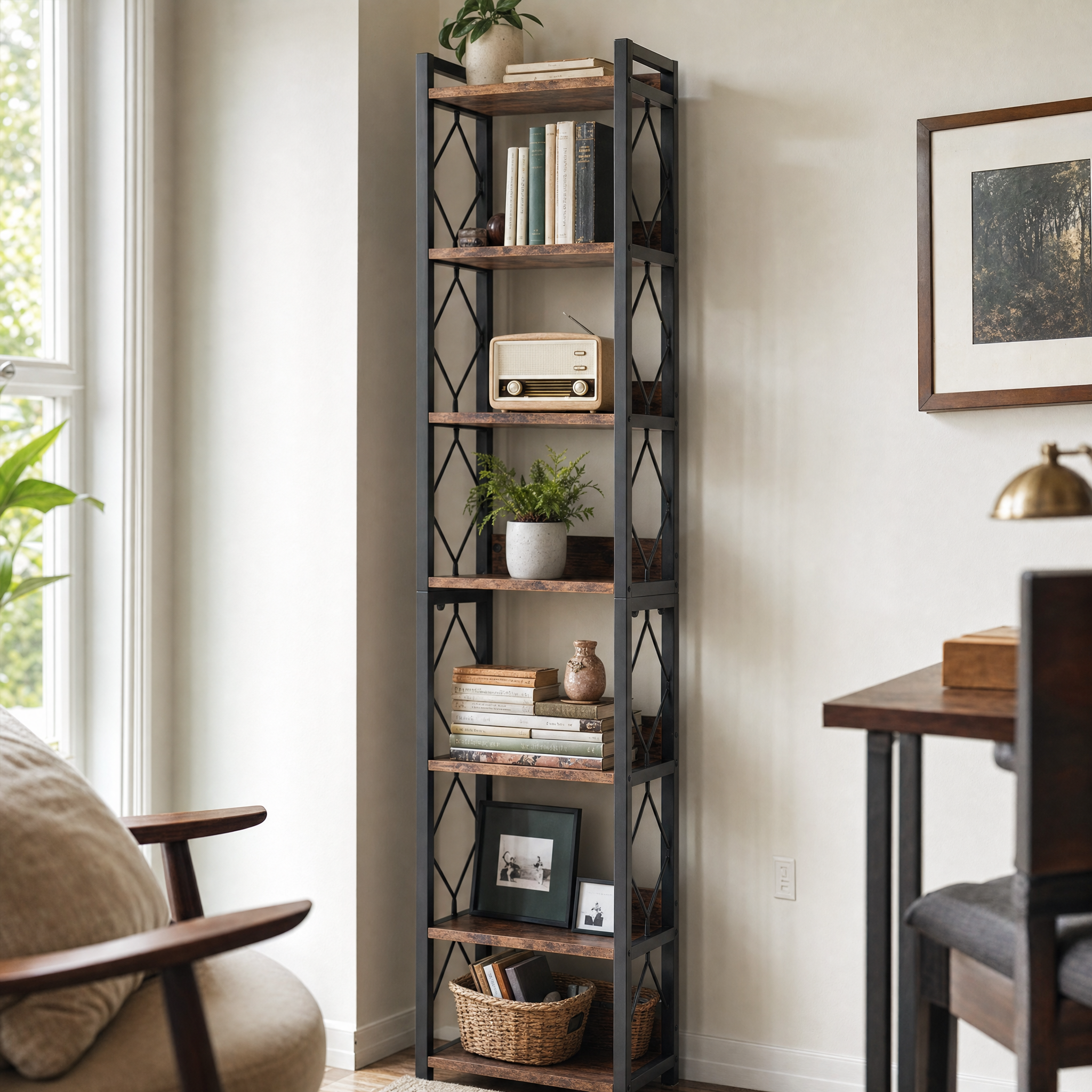 Industrial Narrow Bookshelf with 7 Tiers for Small Spaces — 78.7in Tall
