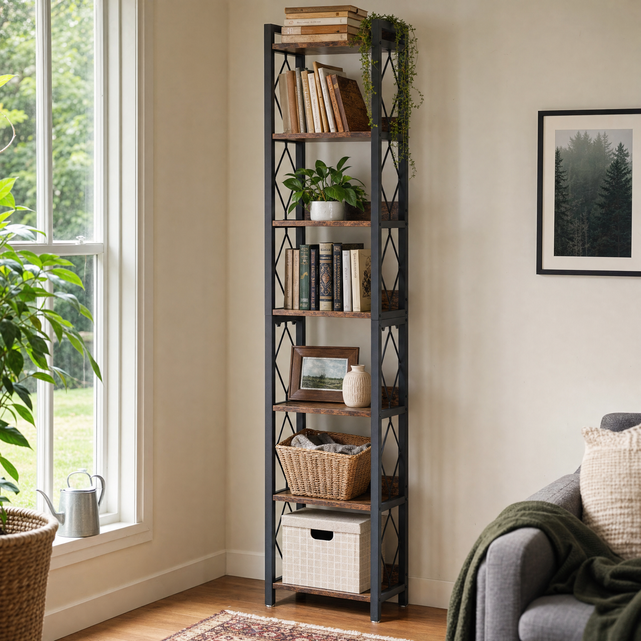 Industrial Narrow Bookshelf with 7 Tiers for Small Spaces — 78.7in Tall