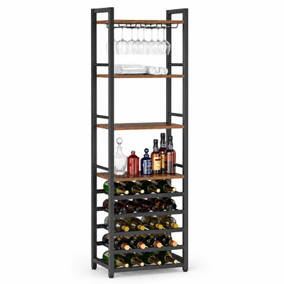 Industrial Wine Bakers Rack, 20-Bottle Freestanding Wine Rack with Glass Holder & Storage Shelves