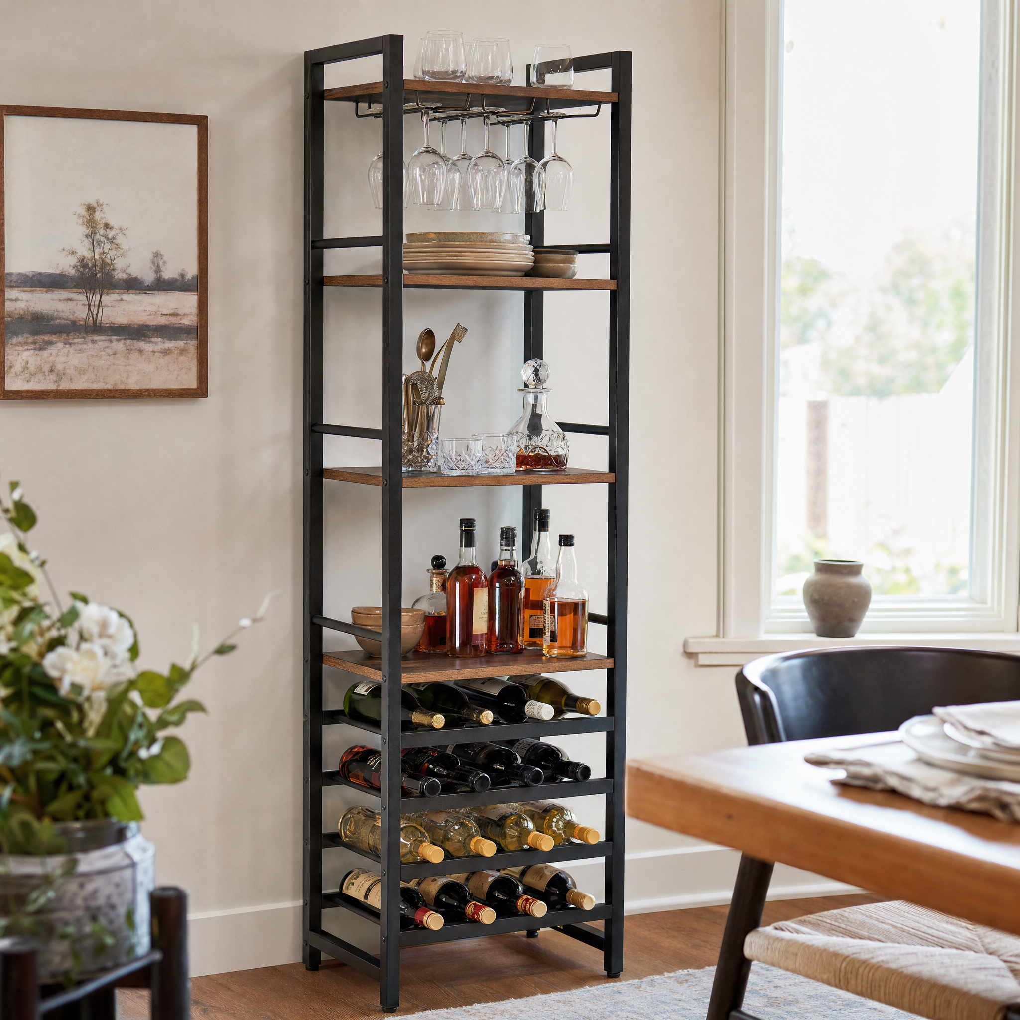 Industrial Wine Bakers Rack, 20-Bottle Freestanding Wine Rack with Glass Holder & Storage Shelves