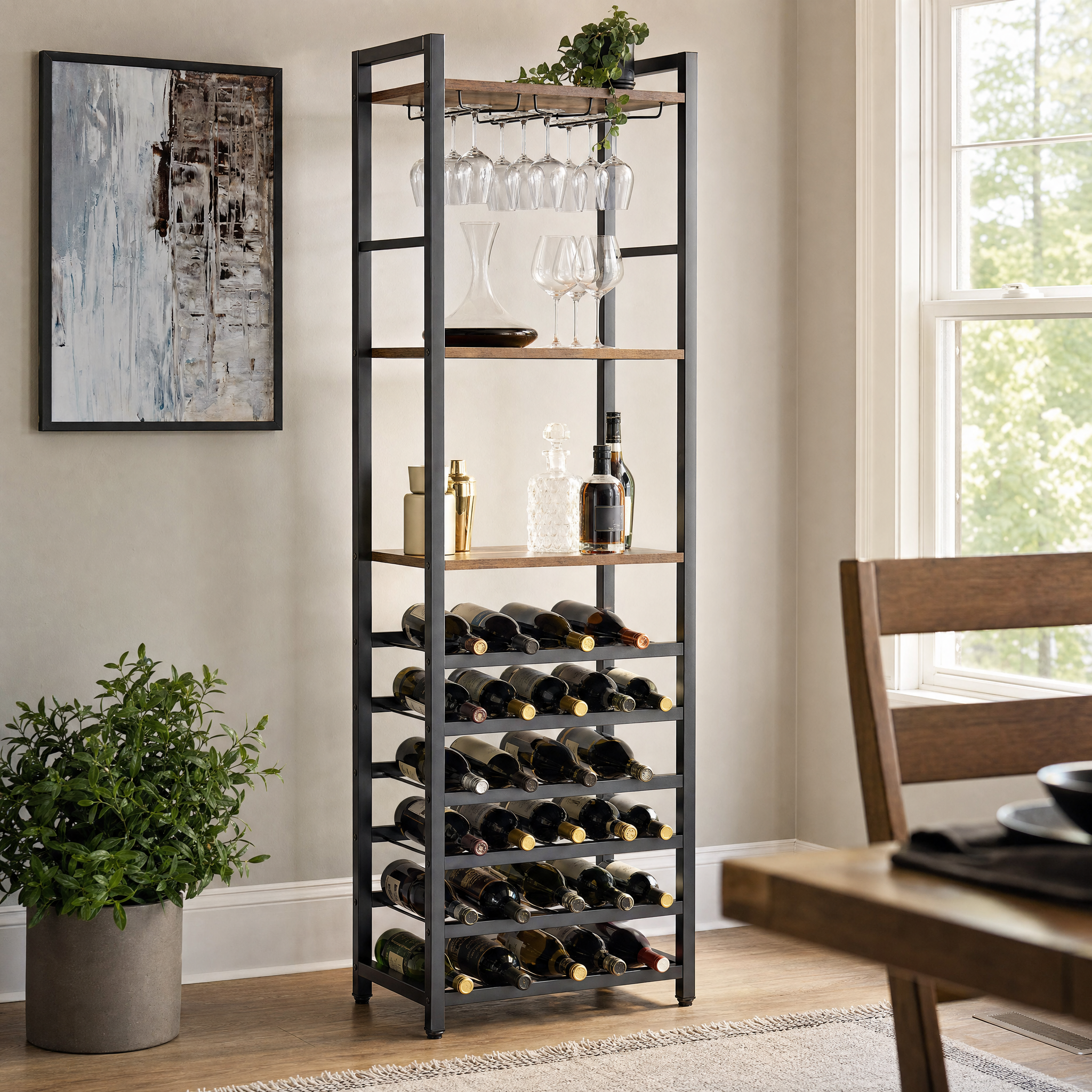 Industrial Wine Bakers Rack, 20-Bottle Freestanding Wine Rack with Glass Holder & Storage Shelves