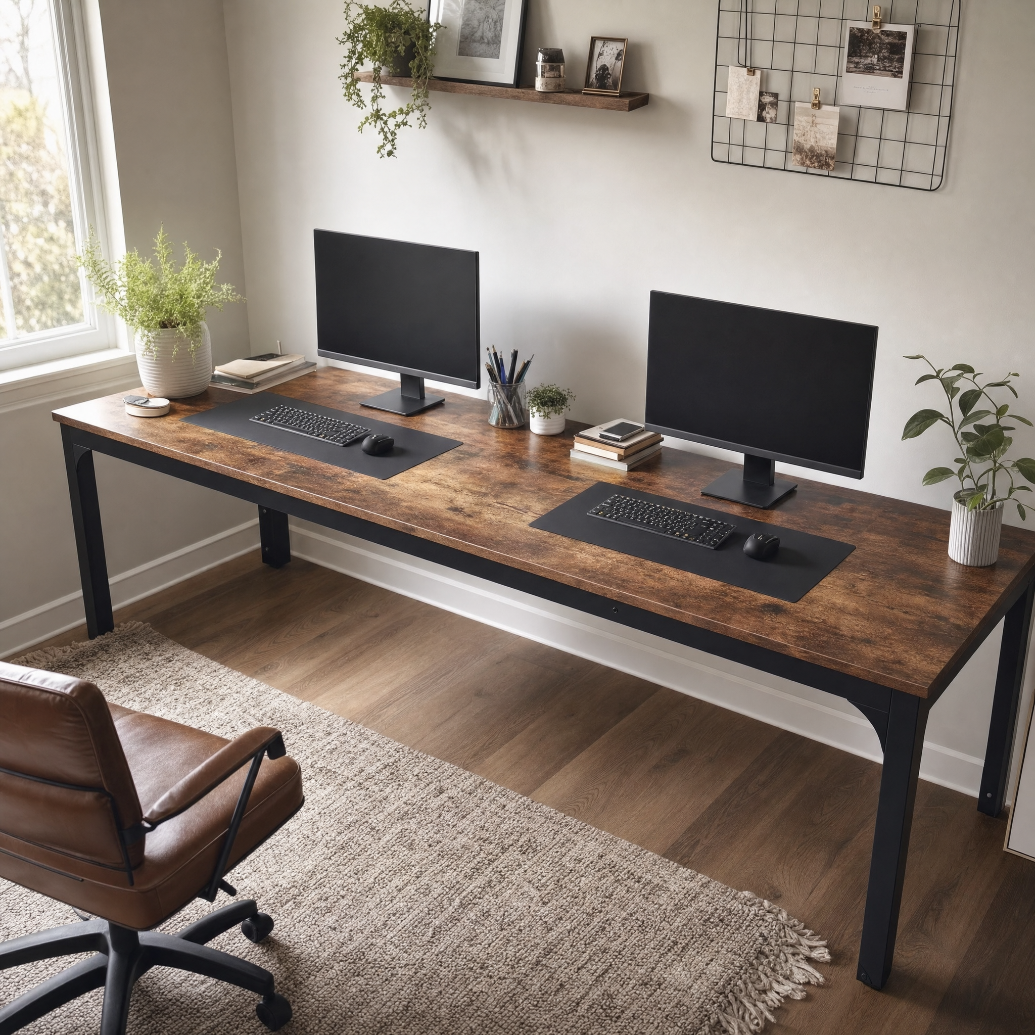 Industrial Wood Computer Desk with Steel Frame for Two-Person Home Office — 78.7"