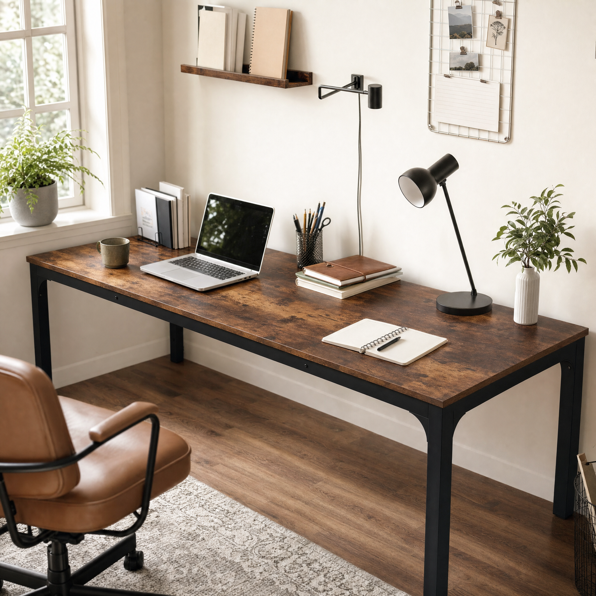 Industrial Wood Computer Desk with Steel Frame for Two-Person Home Office — 78.7"