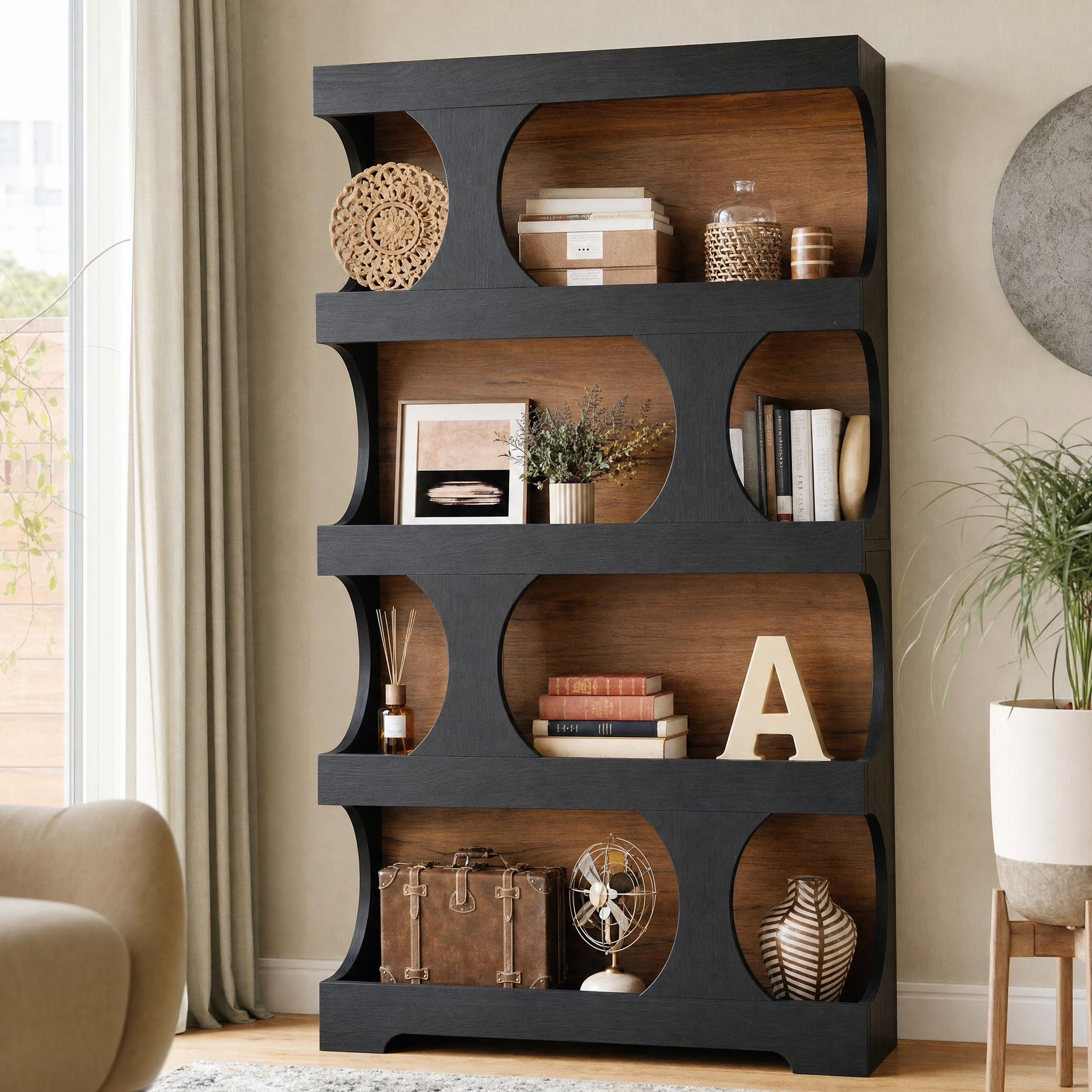 Two-Tone Curved Bookcase with Sculptural Cutout Shelves for Living Room — 71" Tall, 4 Tiers