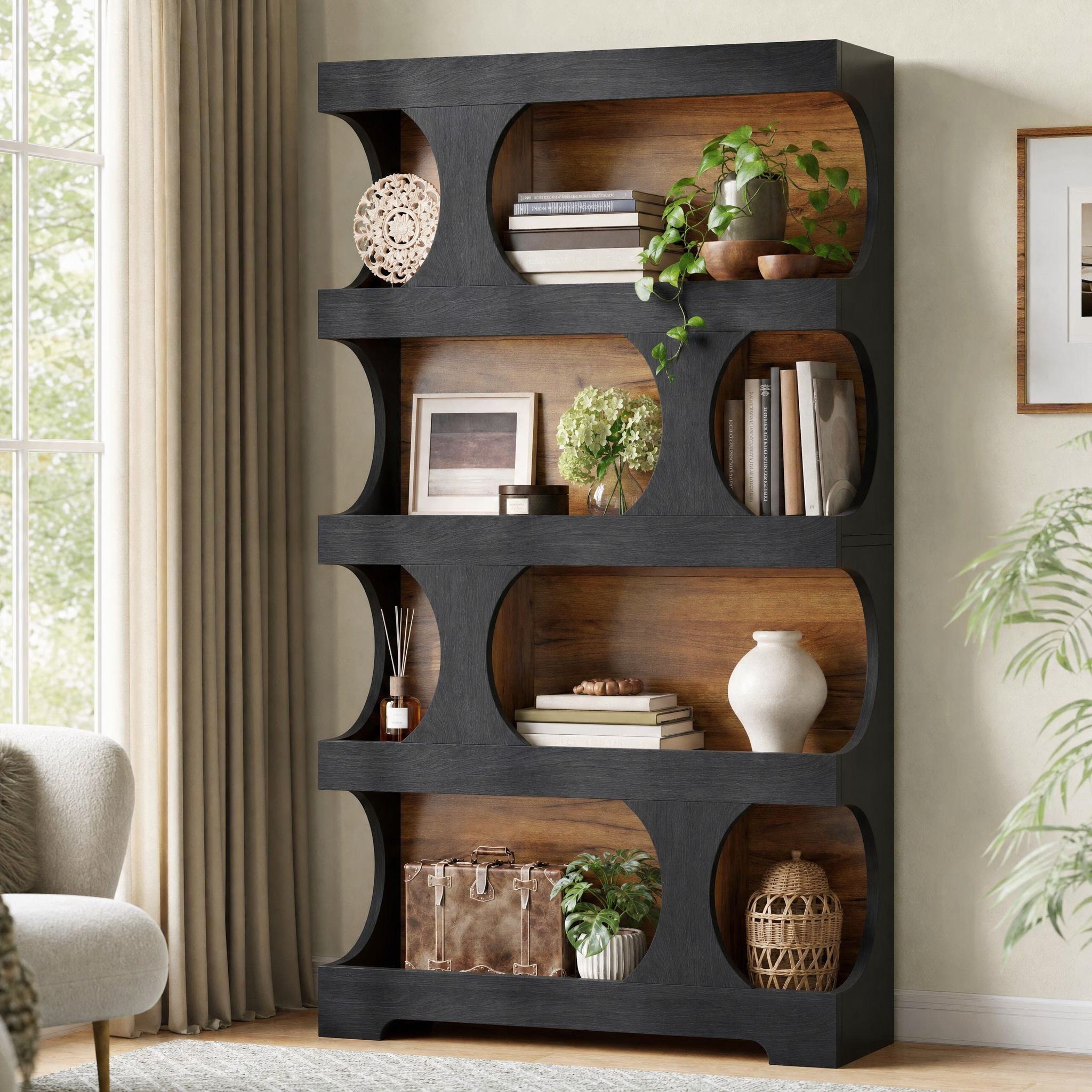 Two-Tone Curved Bookcase with Sculptural Cutout Shelves for Living Room — 71" Tall, 4 Tiers