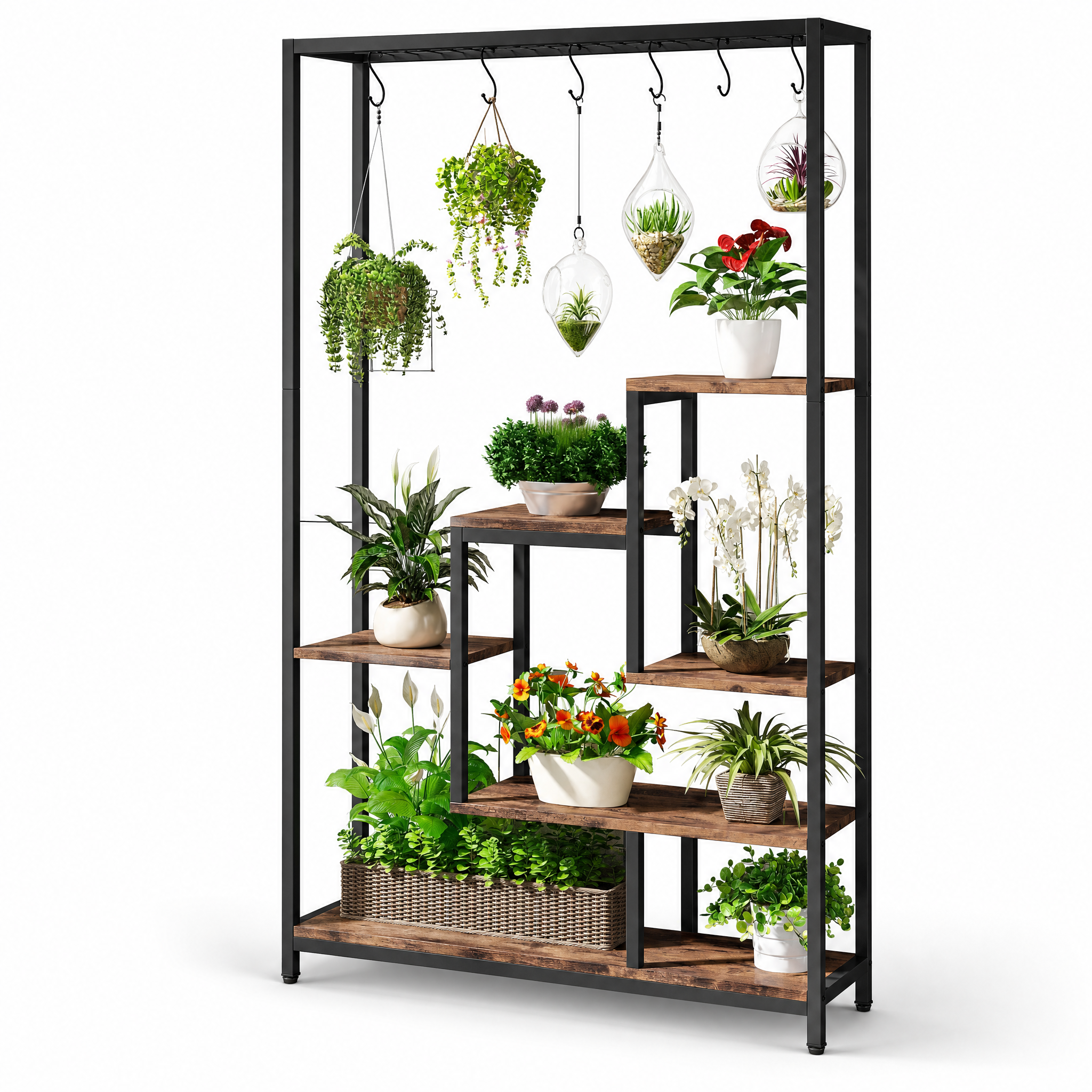 Industrial Metal Plant Stand with Hanging Hooks for Living Room — 5-Tier, 70.9in Tall