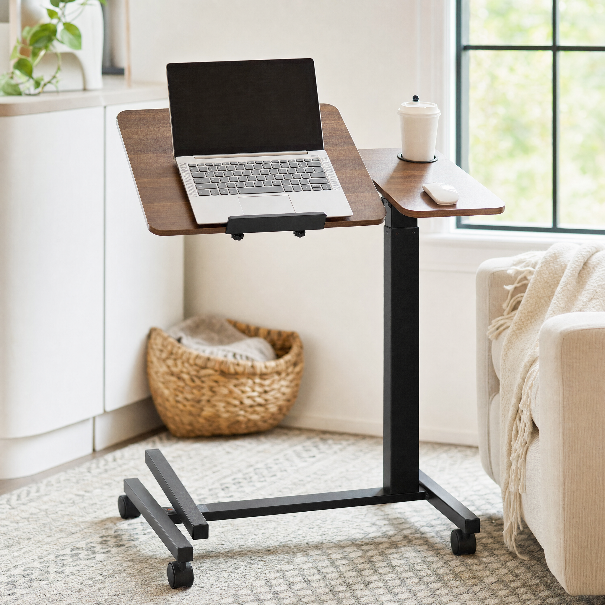 Walnut Mobile Laptop Table with Tilting Top & Casters for Bedside — Height-Adjustable Overbed Desk