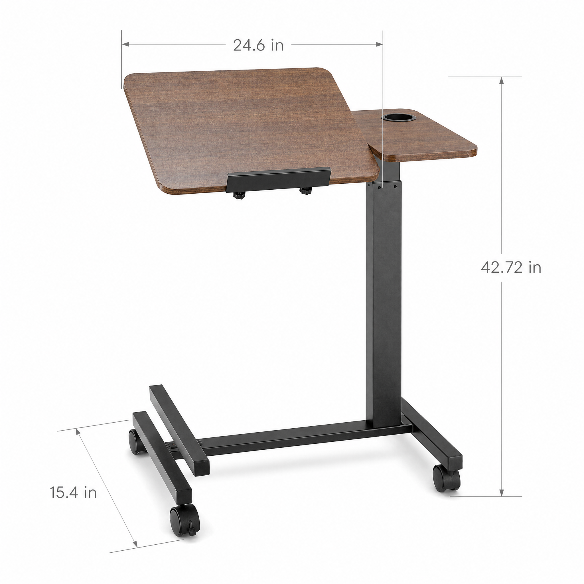 Walnut Mobile Laptop Table with Tilting Top & Casters for Bedside — Height-Adjustable Overbed Desk