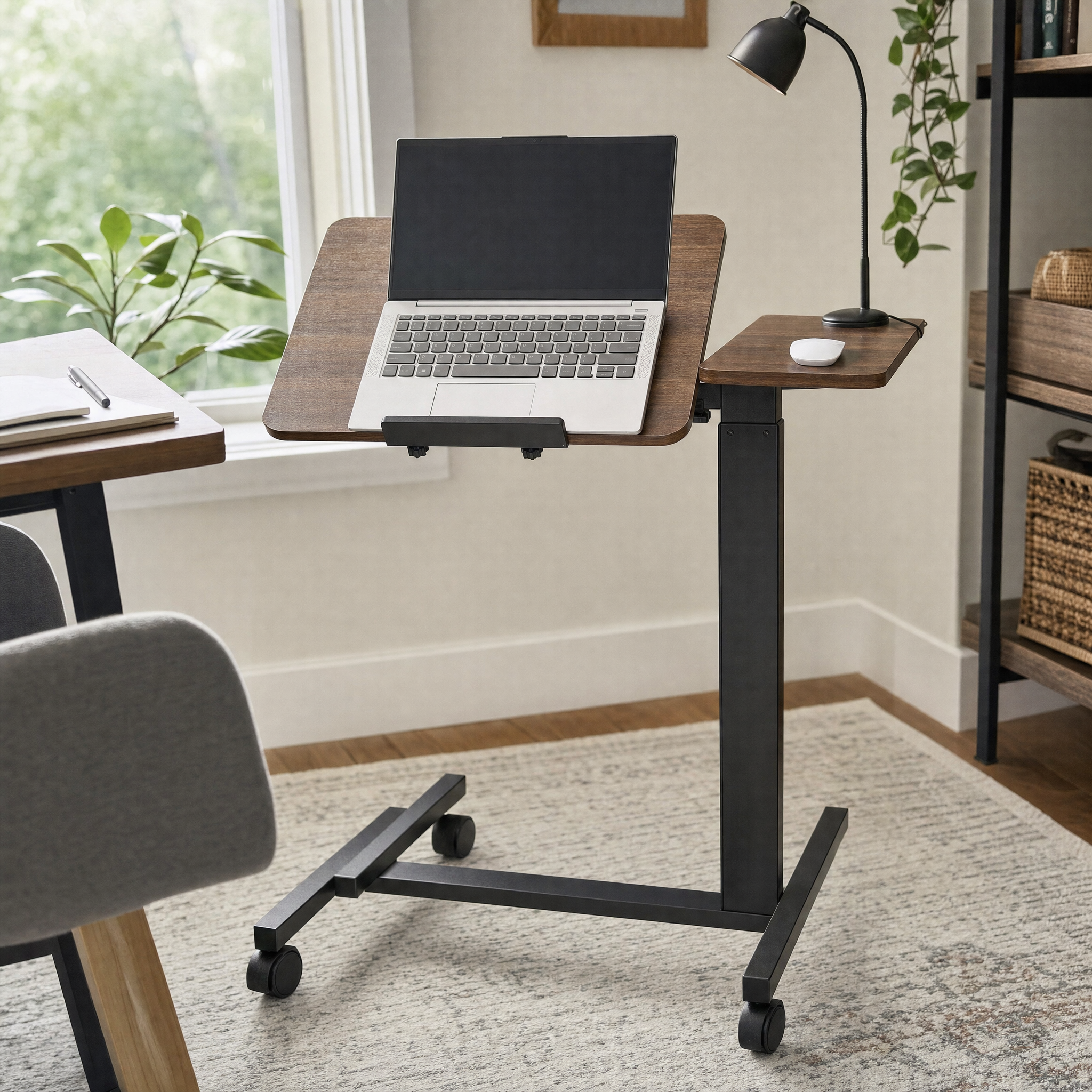 Walnut Mobile Laptop Table with Tilting Top & Casters for Bedside — Height-Adjustable Overbed Desk