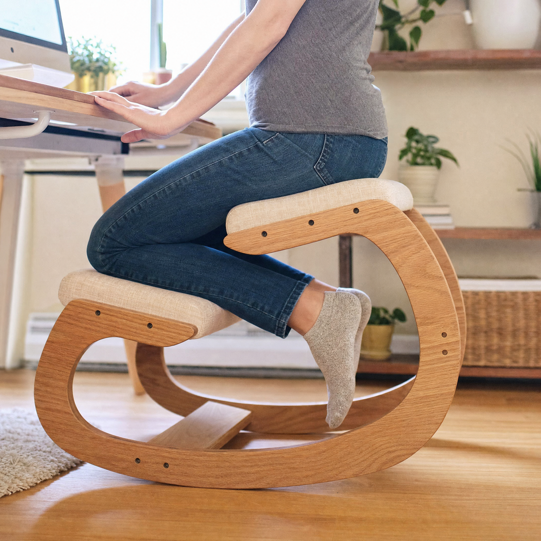Bentwood Ergonomic Kneeling Chair with Rocking Base for Home Office — Natural Oak