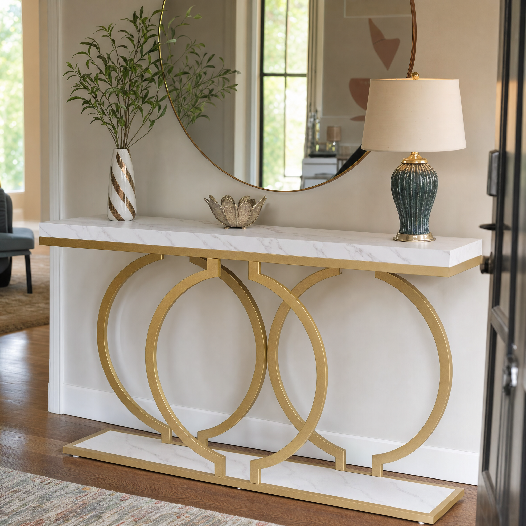 Faux Marble Console Table, 55" Gold Entryway Table — Narrow Sofa Table for Living Room & Hallway