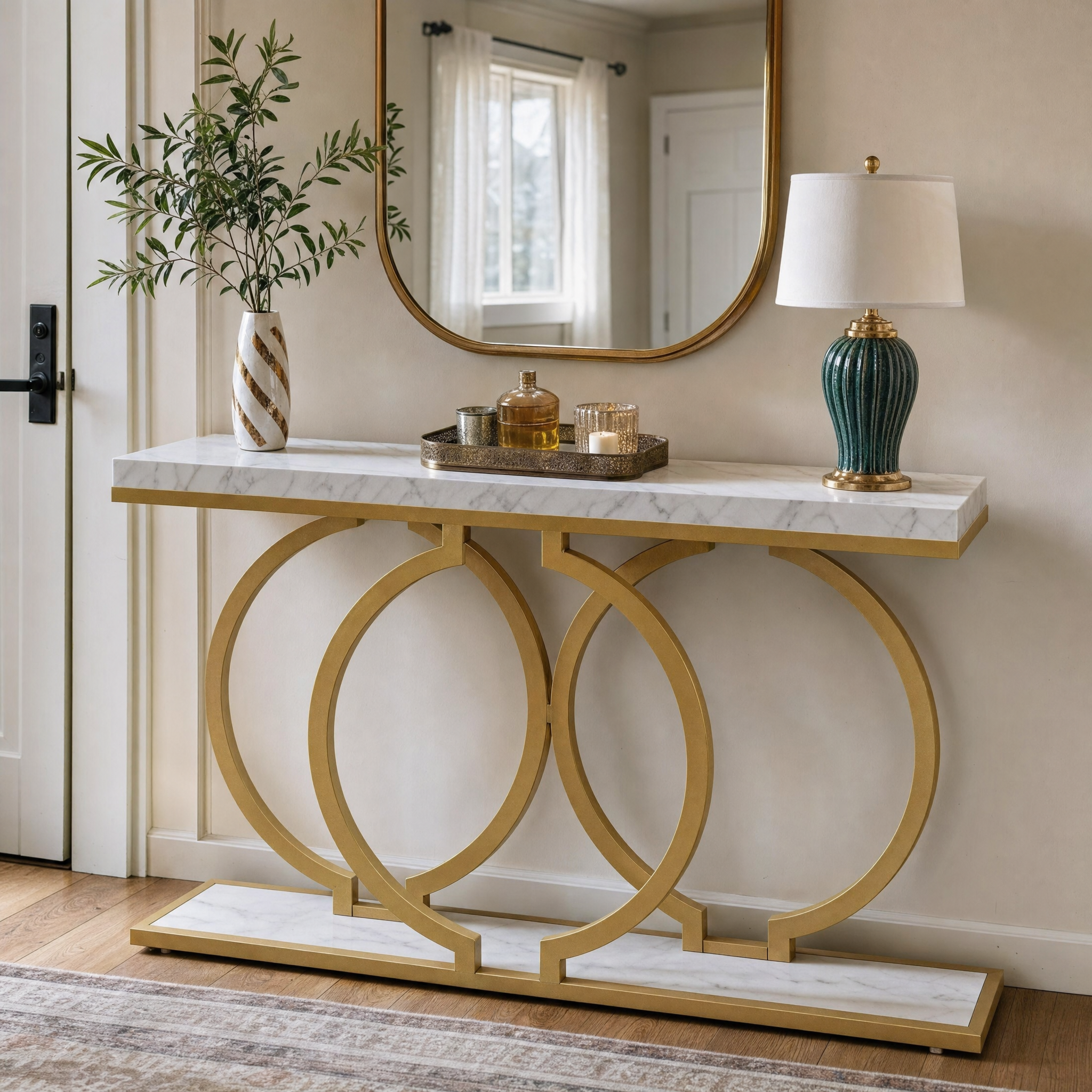 Faux Marble Console Table, 55" Gold Entryway Table — Narrow Sofa Table for Living Room & Hallway