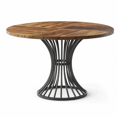 Walnut Round Dining Table with Sculptural Metal Pedestal for 4-6 — 47in