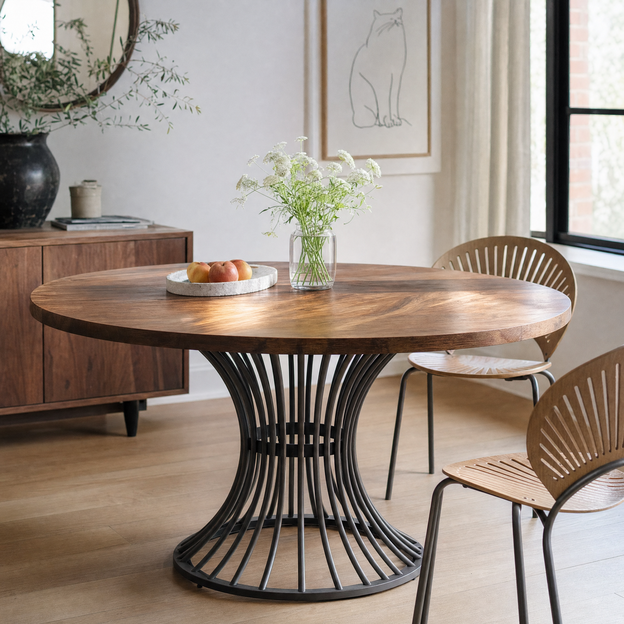 Walnut Round Dining Table with Sculptural Metal Pedestal for 4-6 — 47in