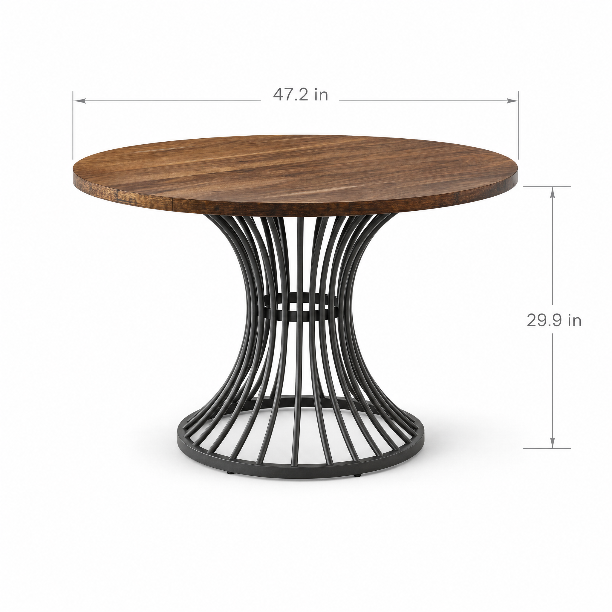 Walnut Round Dining Table with Sculptural Metal Pedestal for 4-6 — 47in