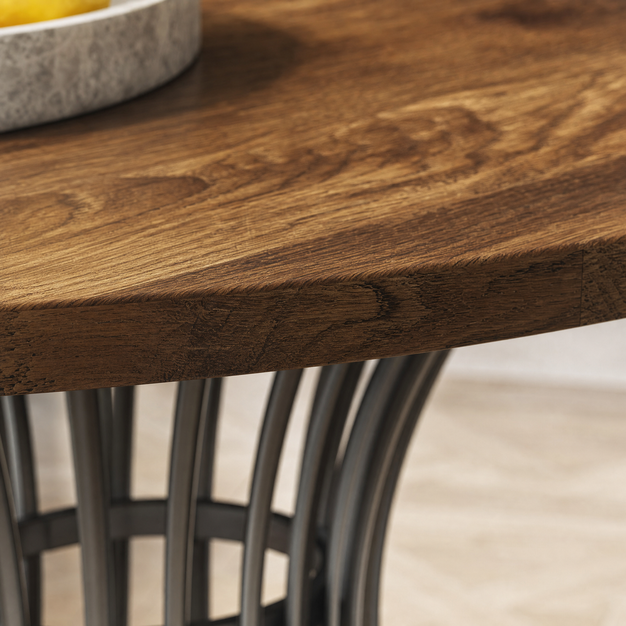 Walnut Round Dining Table with Sculptural Metal Pedestal for 4-6 — 47in