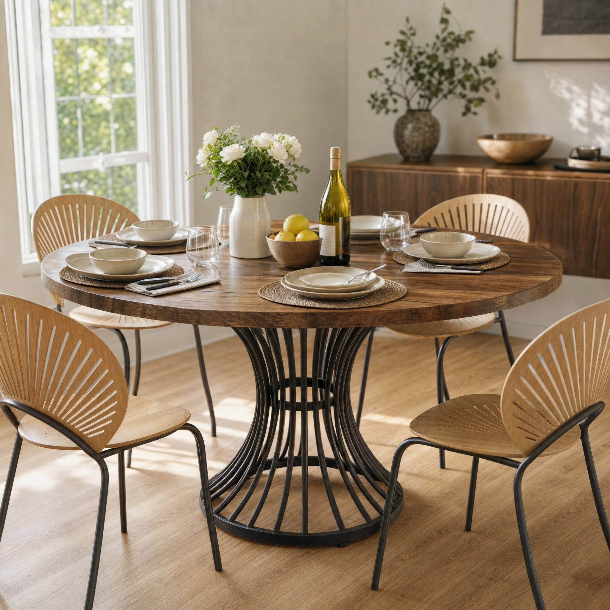 Walnut Round Dining Table with Sculptural Metal Pedestal for 4-6 — 47in