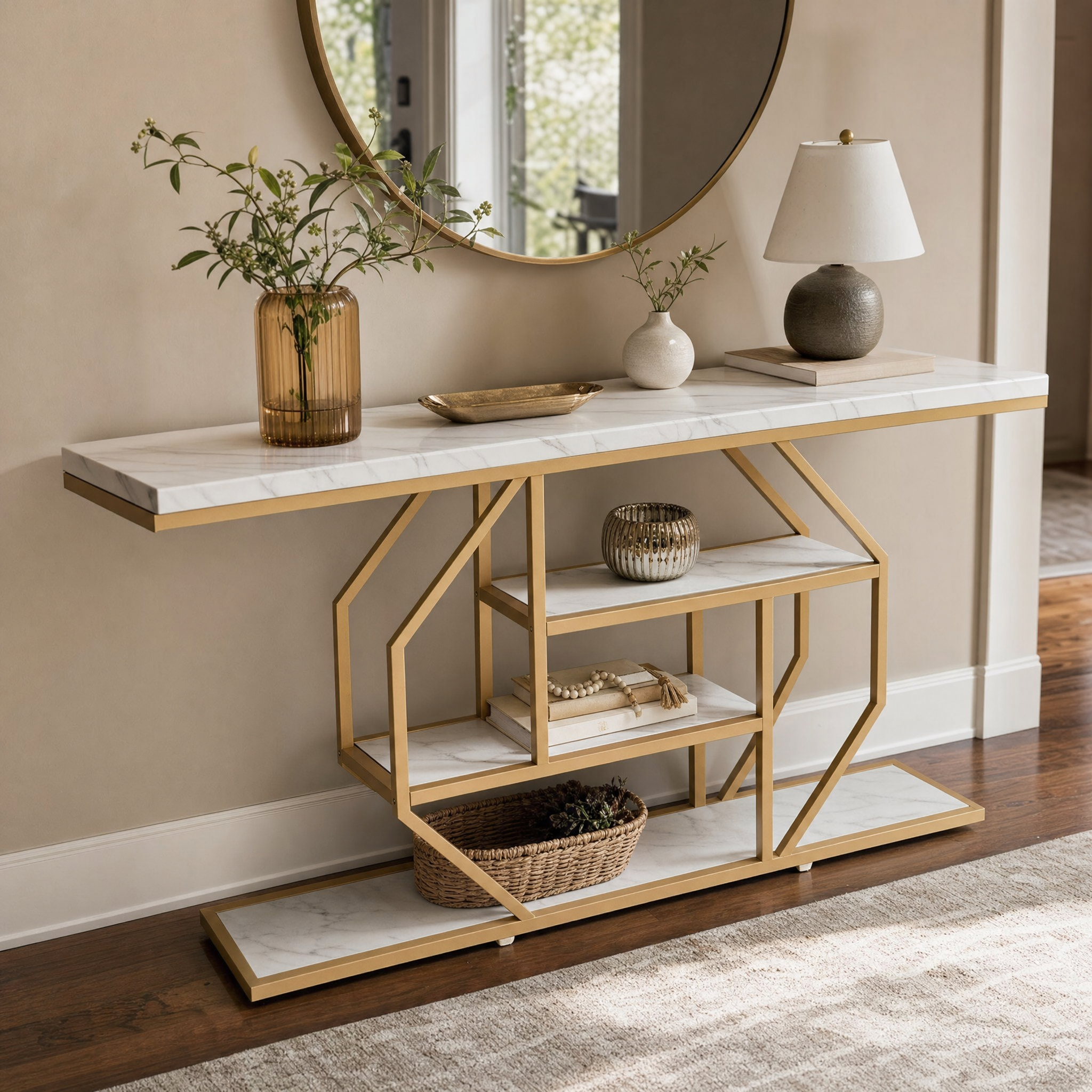 Faux Marble Gold Console Table with Storage Shelves for Entryway — 70" Behind-Sofa