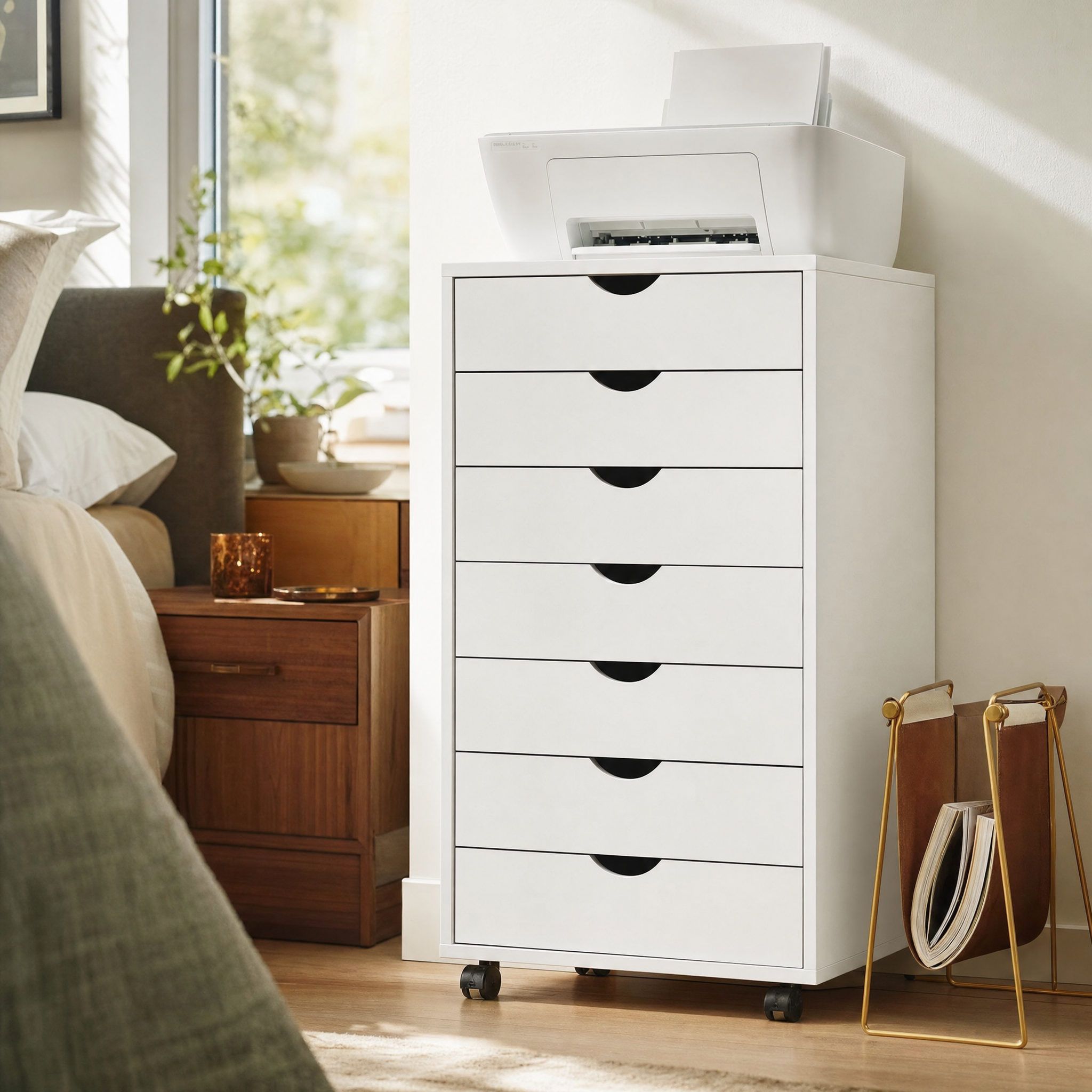 White 7-Drawer Rolling Dresser with Locking Casters for Bedroom or Office — 34" Tall