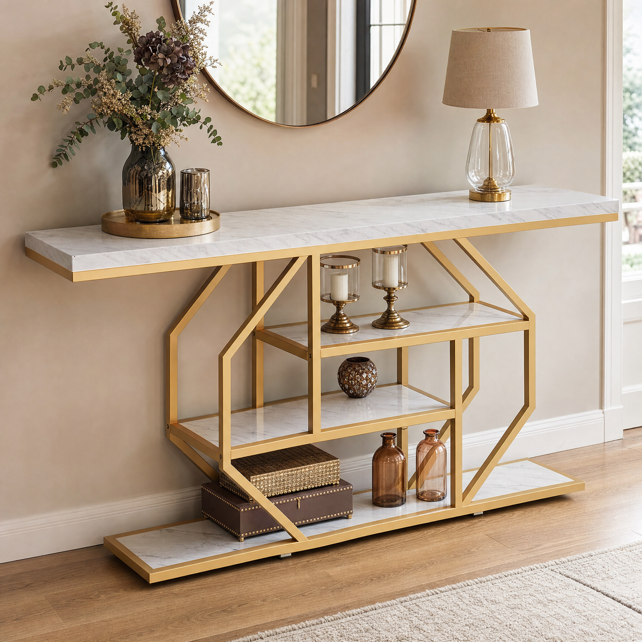 Faux Marble Gold Console Table with Storage Shelves for Entryway — 70" Behind-Sofa