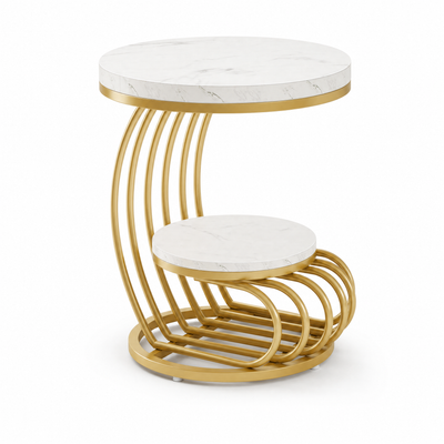 Gold Round Side Table with Faux-Marble Tiers for Living Room — 20-inch Sculptural Accent Table