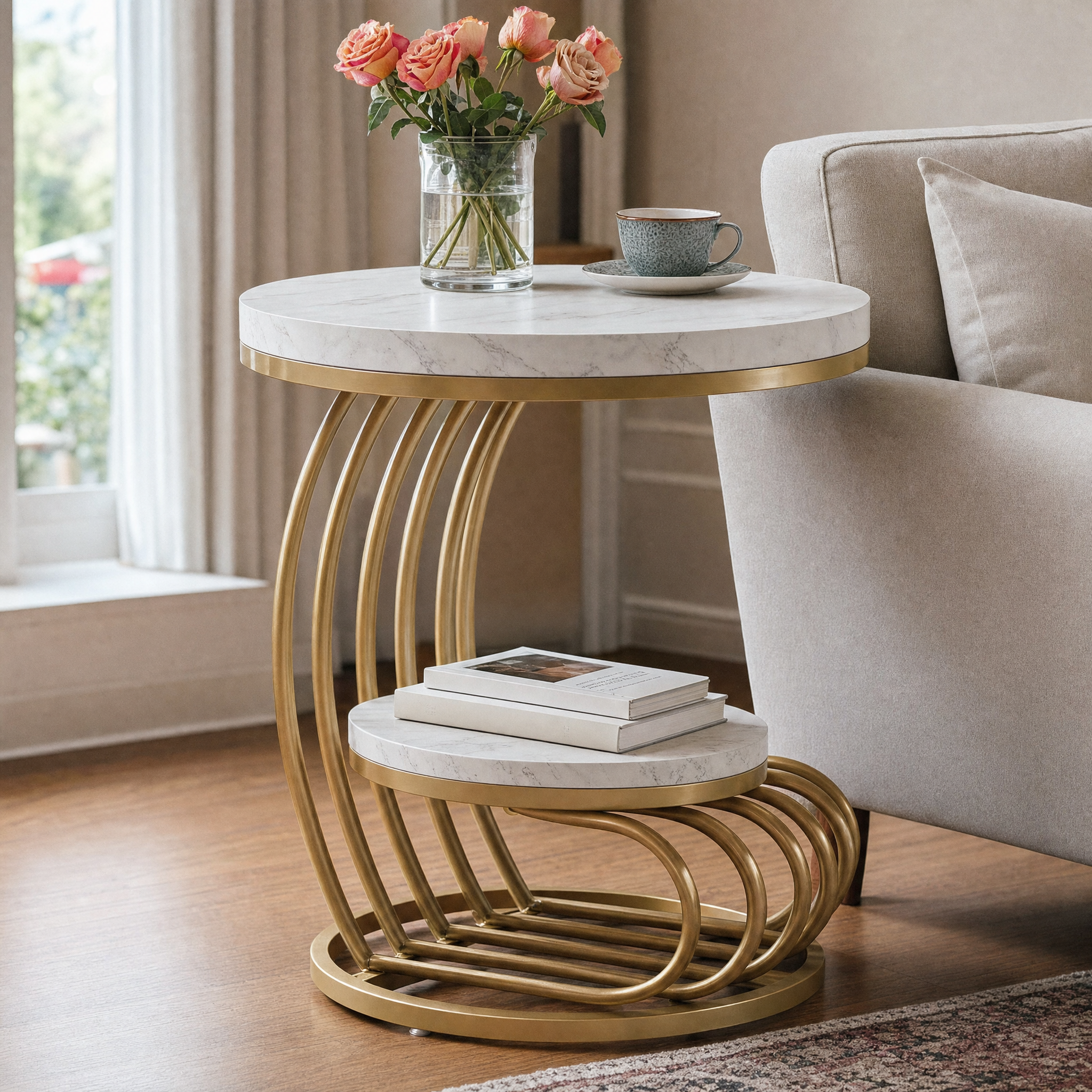 Gold Round Side Table with Faux-Marble Tiers for Living Room — 20-inch Sculptural Accent Table