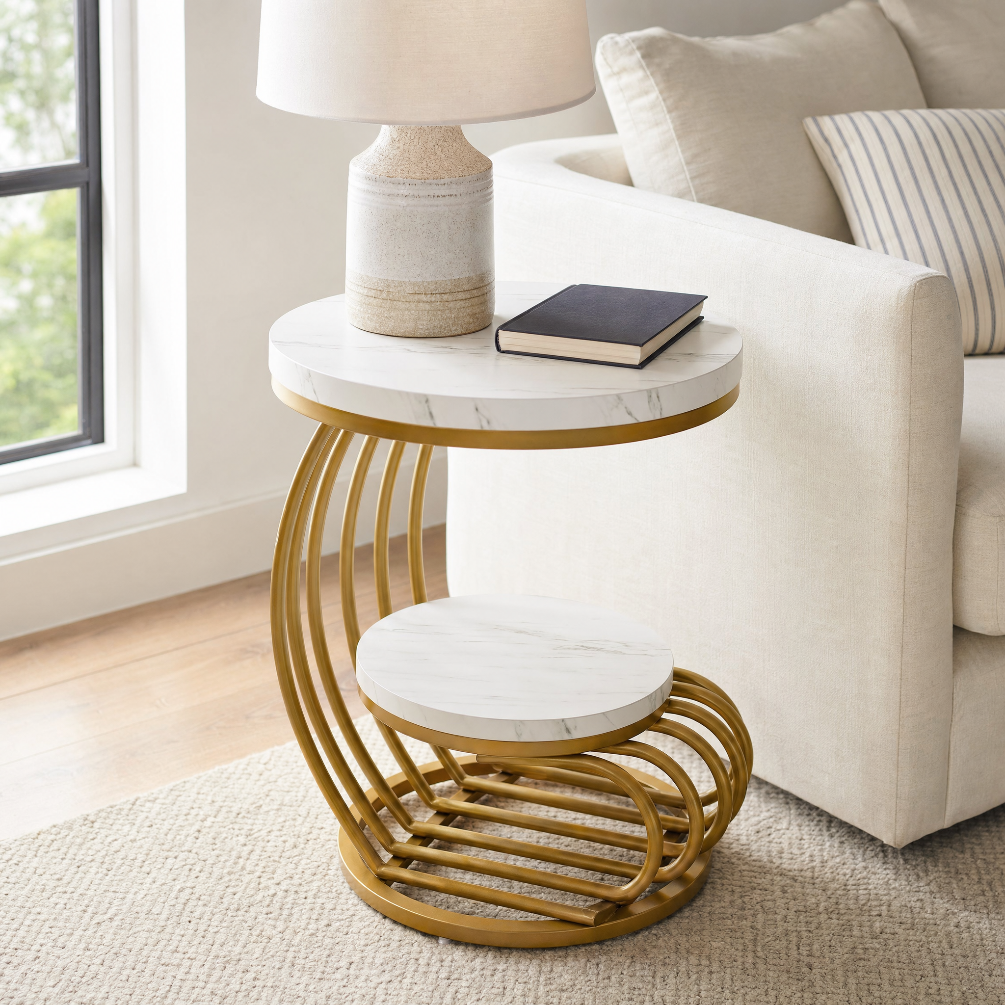 Gold Round Side Table with Faux-Marble Tiers for Living Room — 20-inch Sculptural Accent Table