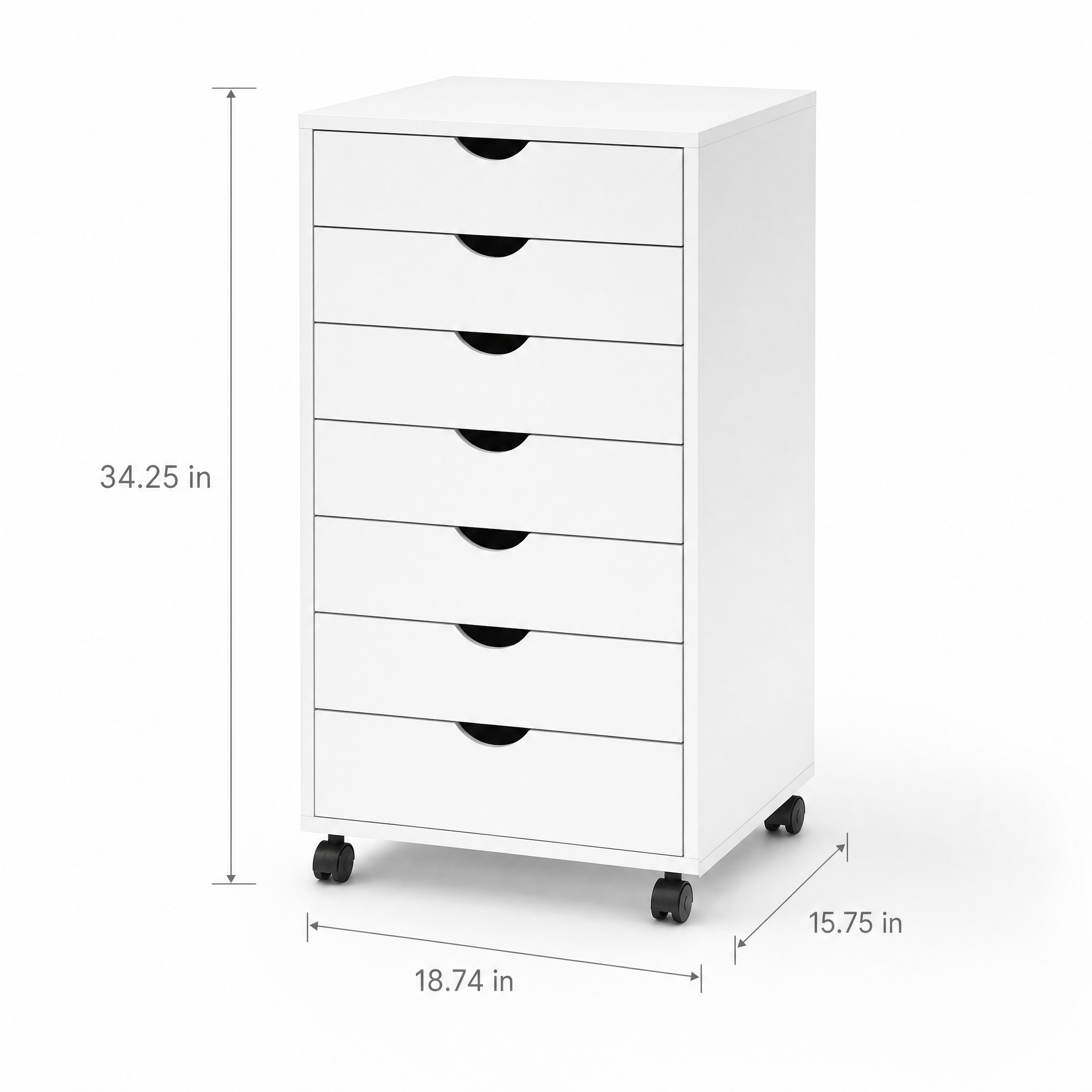 White 7-Drawer Rolling Dresser with Locking Casters for Bedroom or Office — 34" Tall