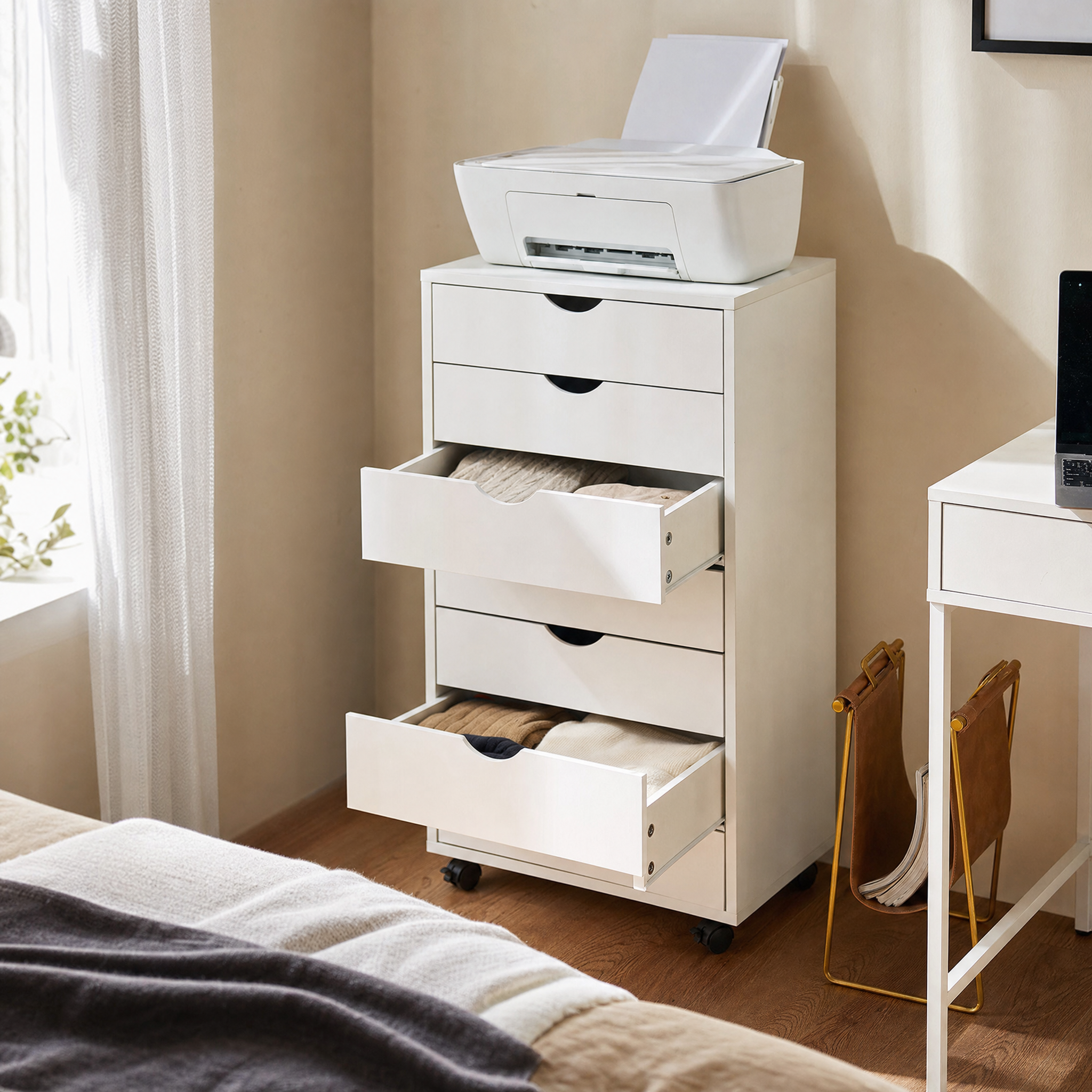 White 7-Drawer Rolling Dresser with Locking Casters for Bedroom or Office — 34" Tall