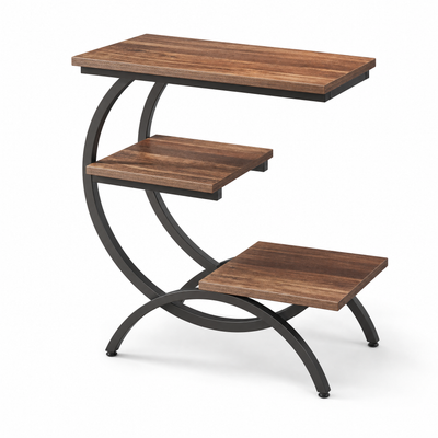 Industrial 3-Tier Side Table with Curved Metal Frame for Living Room — Rustic Brown Wood