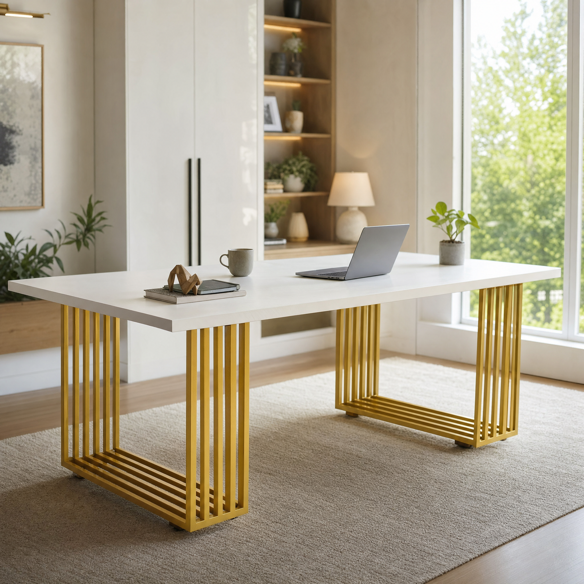 White Executive Desk with Gold Metal Legs for Home Office — 70.9"