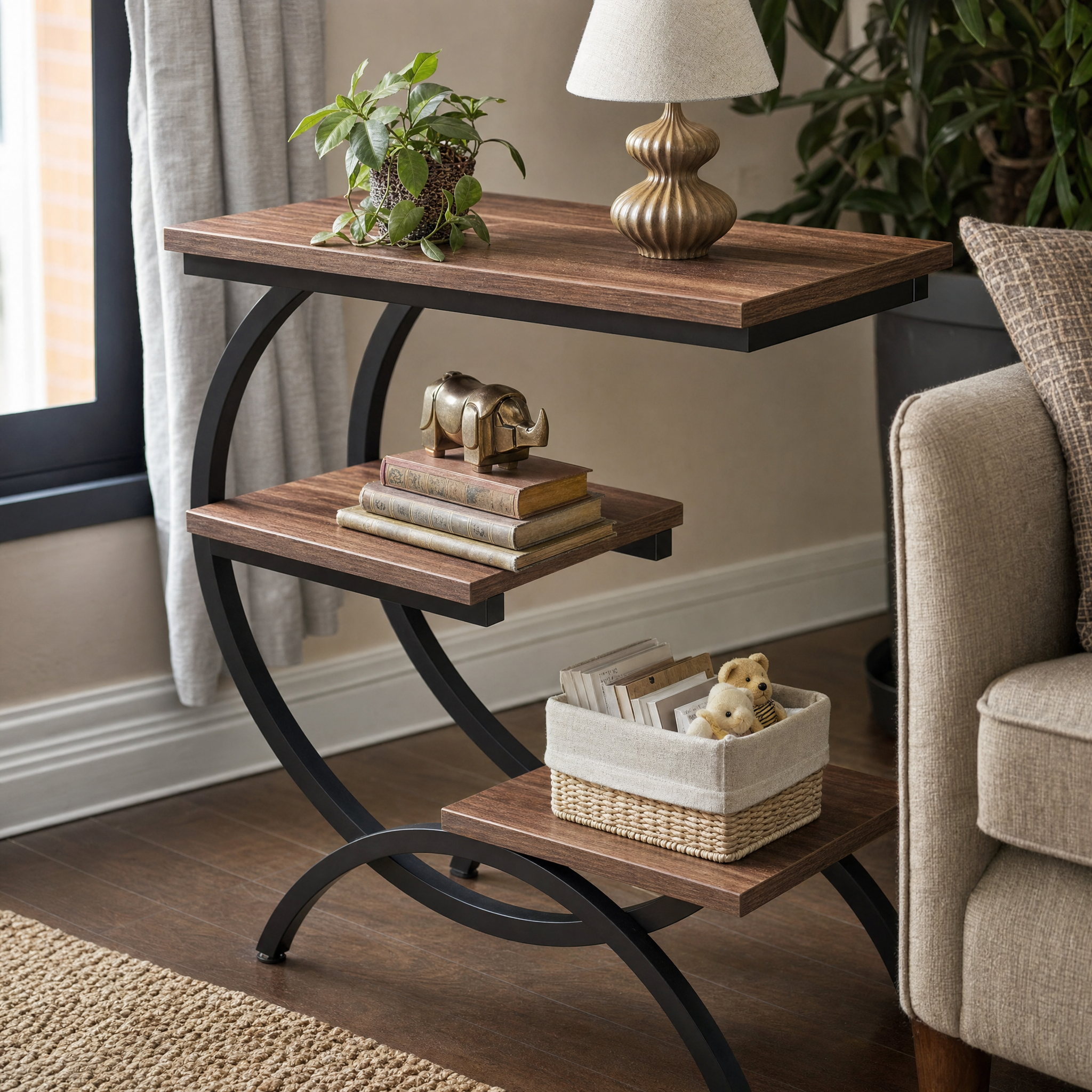 Industrial 3-Tier Side Table with Curved Metal Frame for Living Room — Rustic Brown Wood
