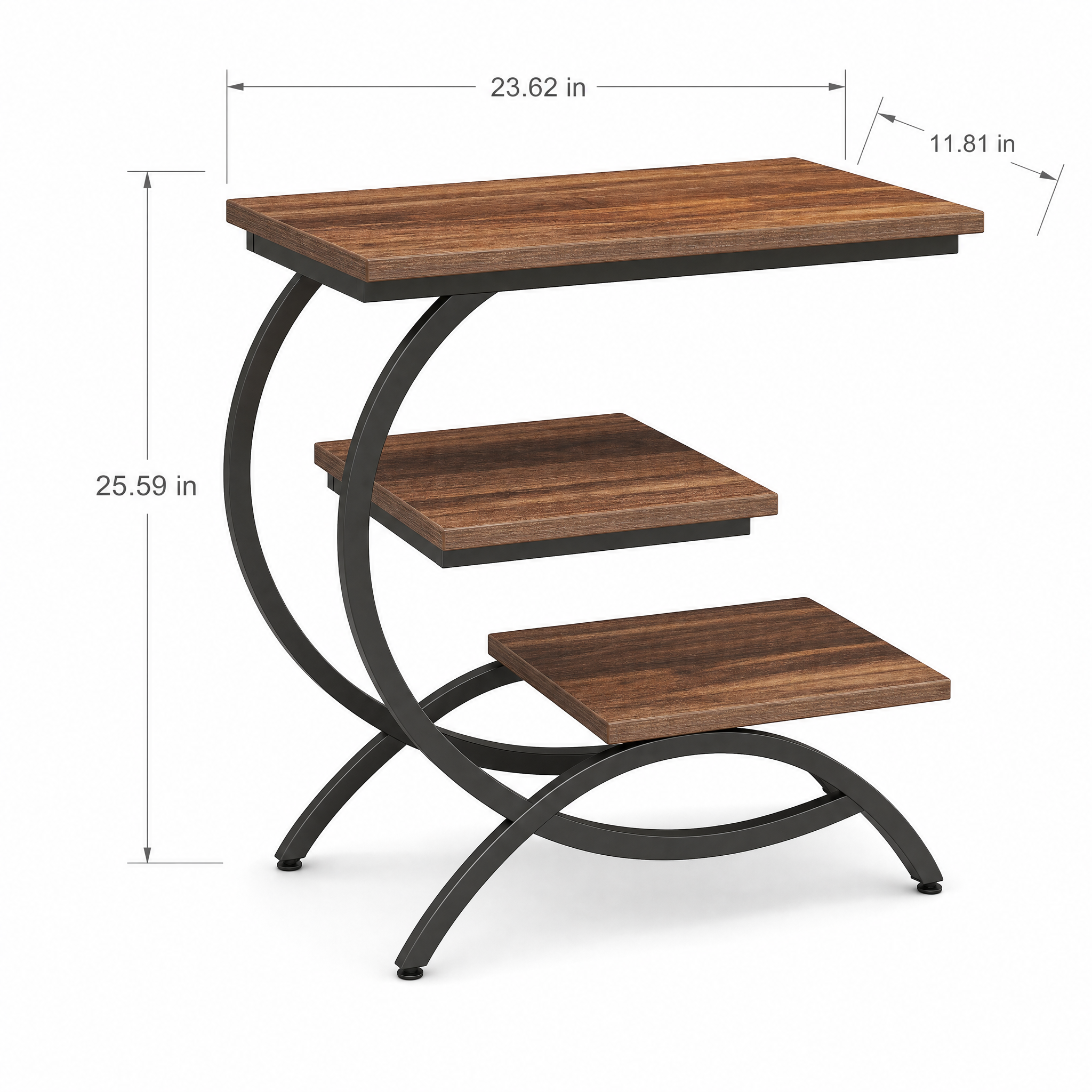 Industrial 3-Tier Side Table with Curved Metal Frame for Living Room — Rustic Brown Wood