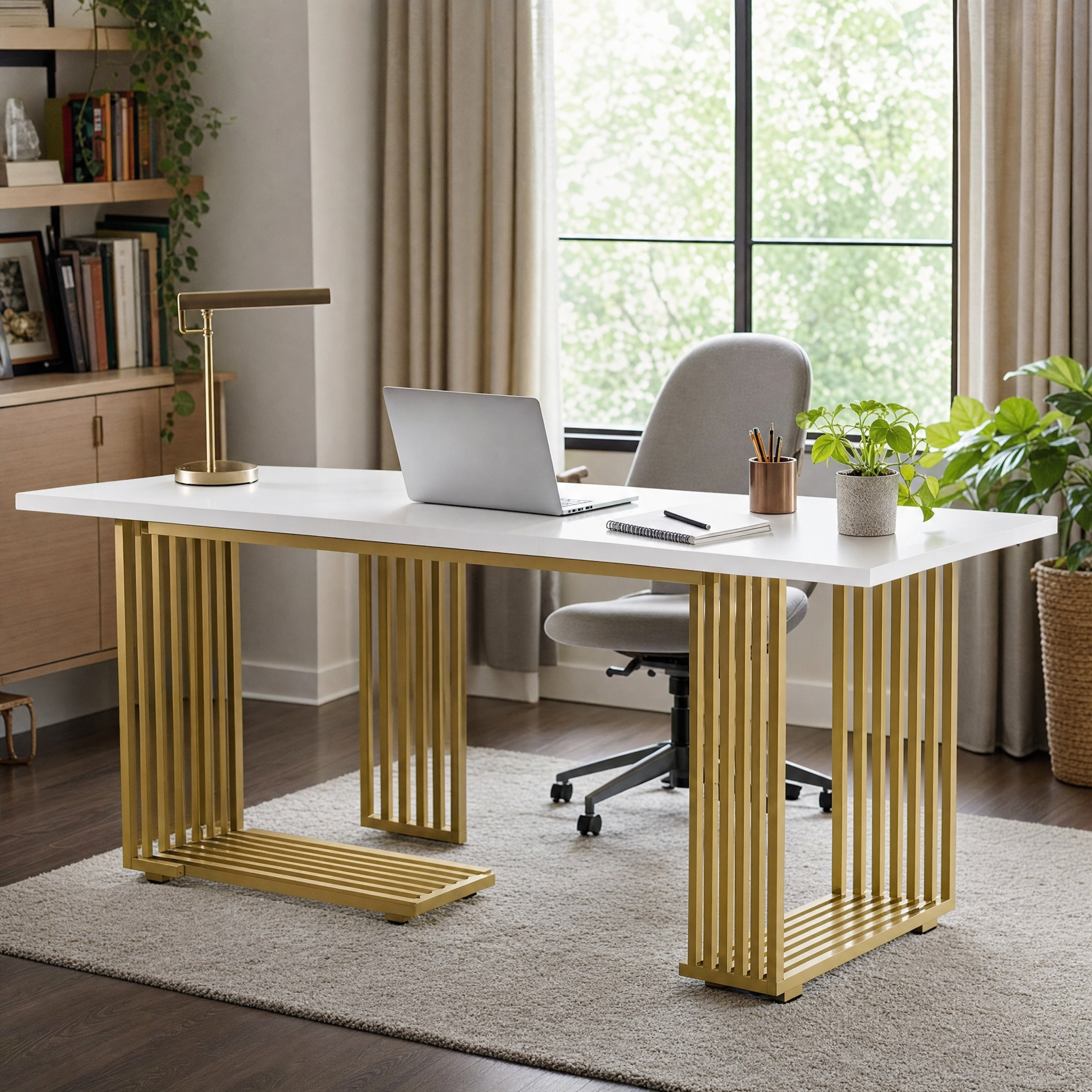 White Executive Desk with Gold Metal Legs for Home Office — 70.9"