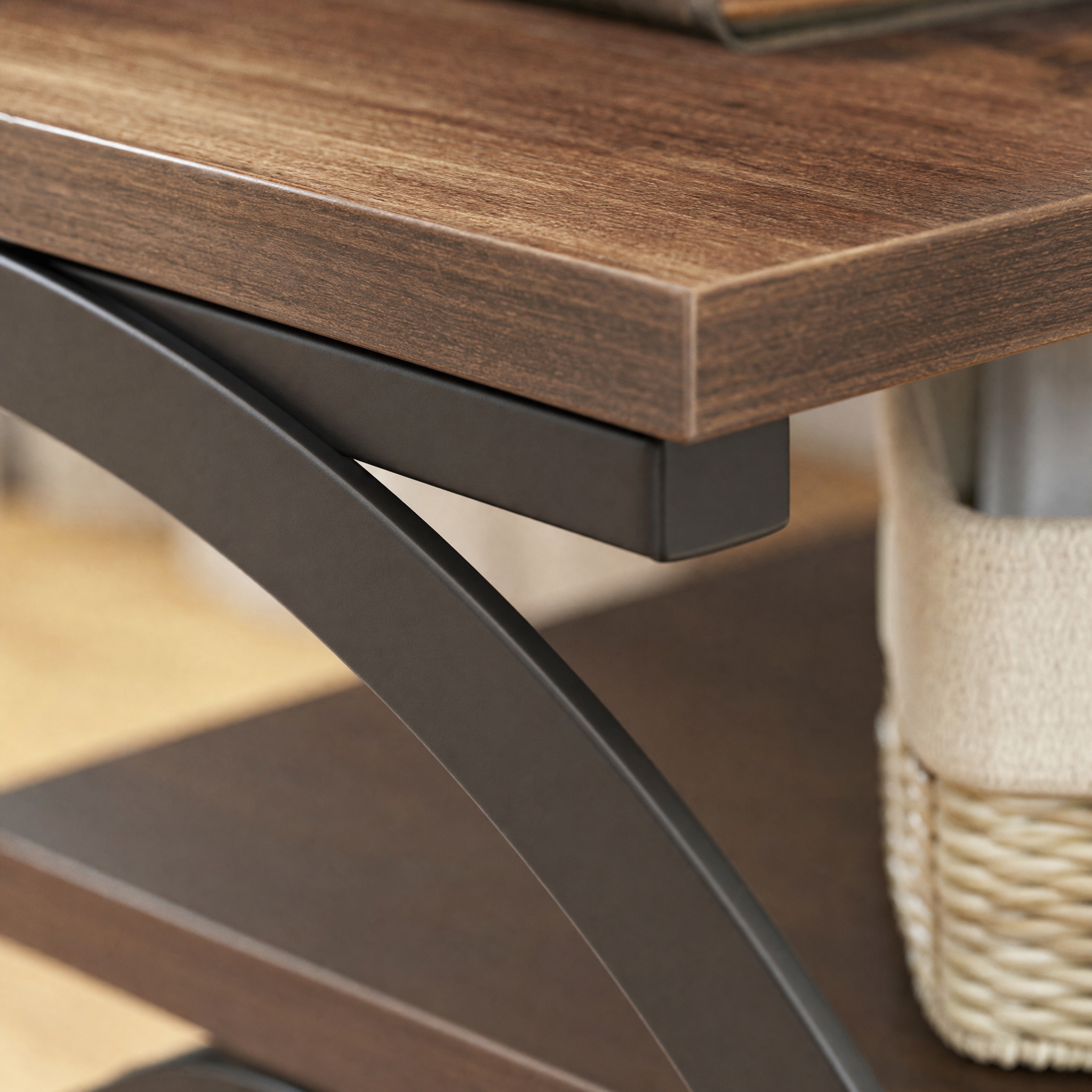 Industrial 3-Tier Side Table with Curved Metal Frame for Living Room — Rustic Brown Wood