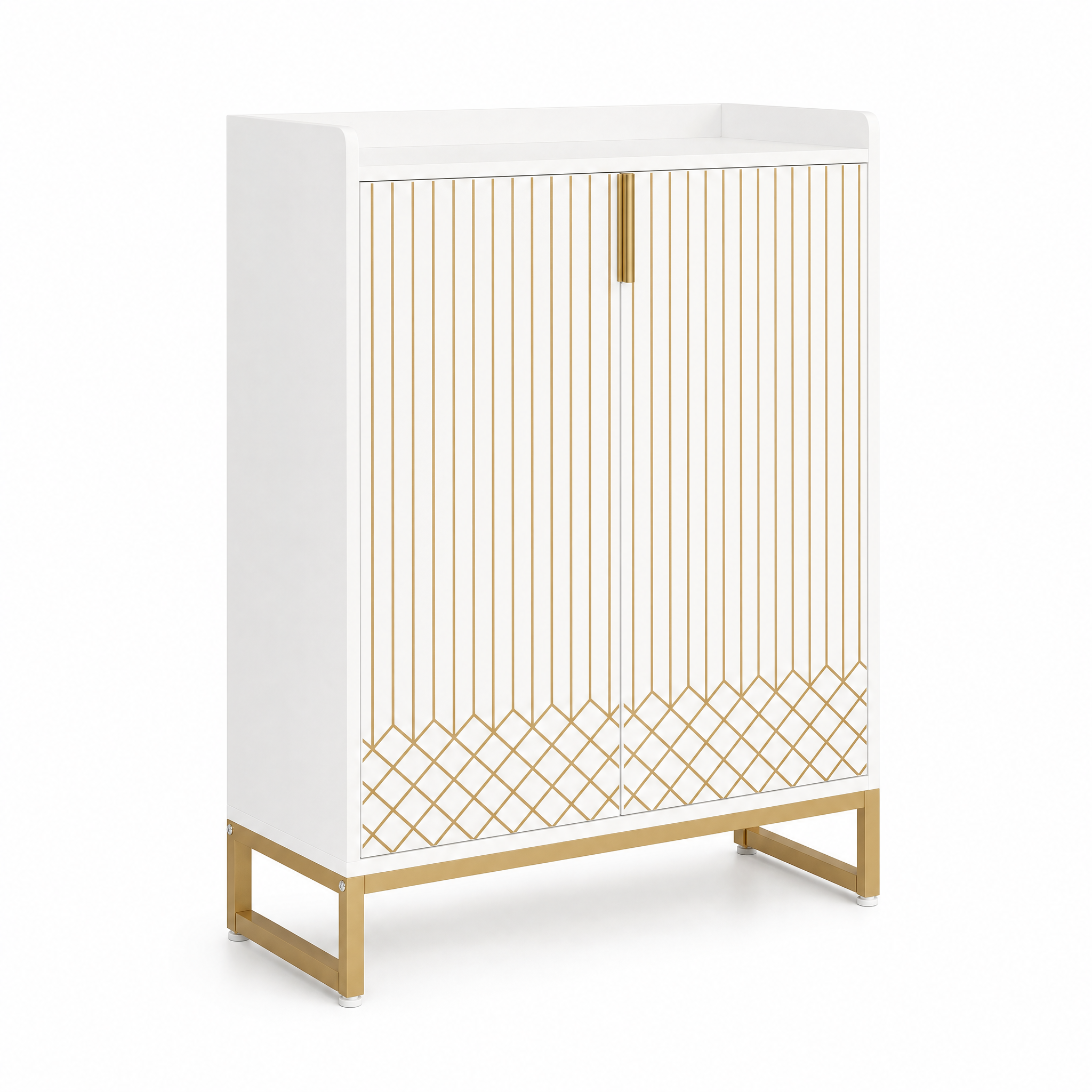 White Gold-Accent Shoe Cabinet with Doors for Entryway — 5-Tier Storage