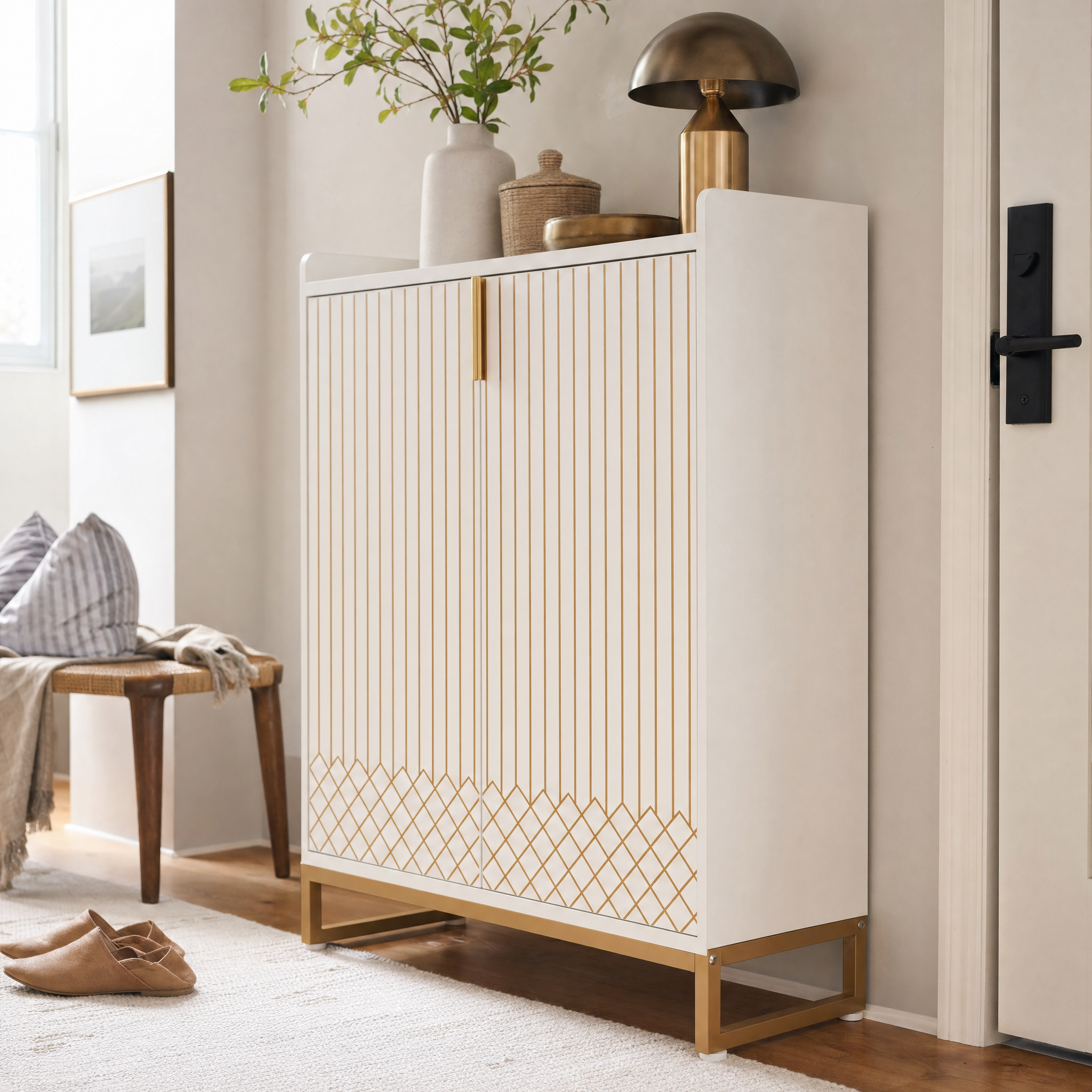 White Gold-Accent Shoe Cabinet with Doors for Entryway — 5-Tier Storage