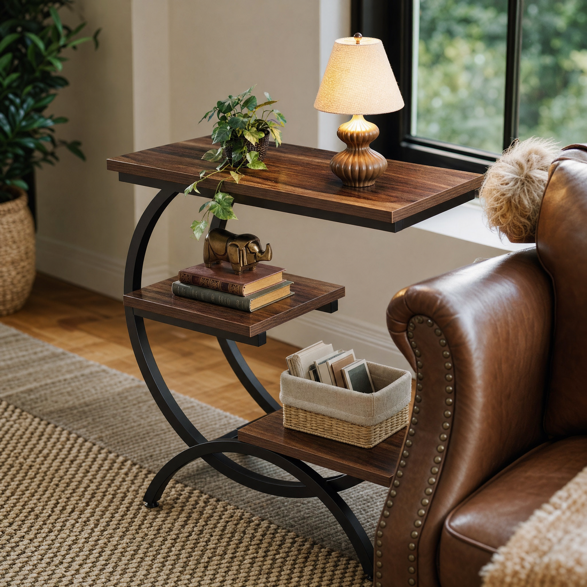 Industrial 3-Tier Side Table with Curved Metal Frame for Living Room — Rustic Brown Wood