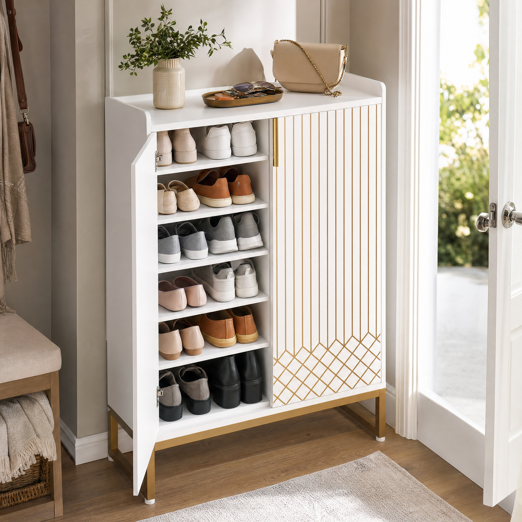 White Gold-Accent Shoe Cabinet with Doors for Entryway — 5-Tier Storage