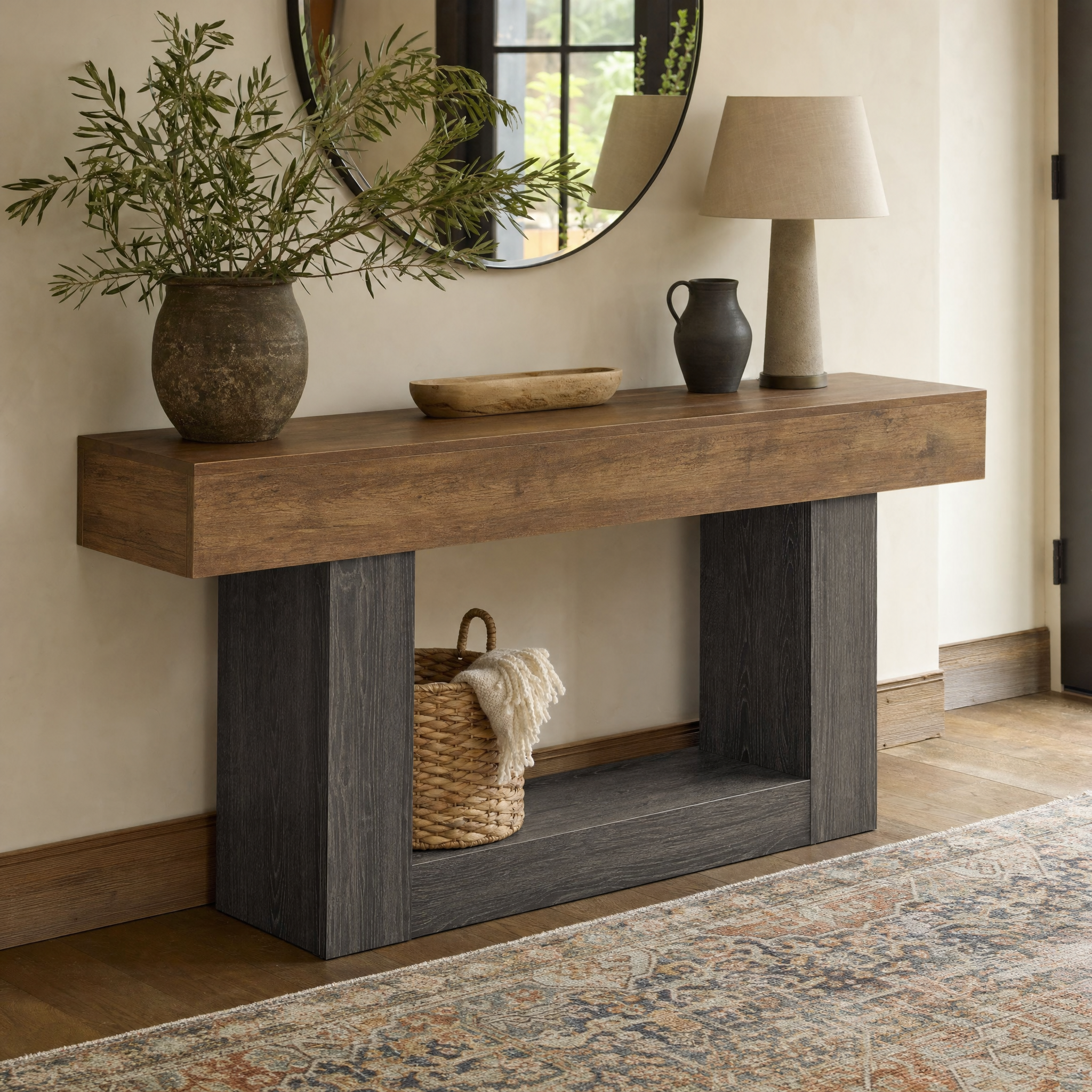 Two-Tone Farmhouse Console Table with Lower Shelf for Entryway — 63"