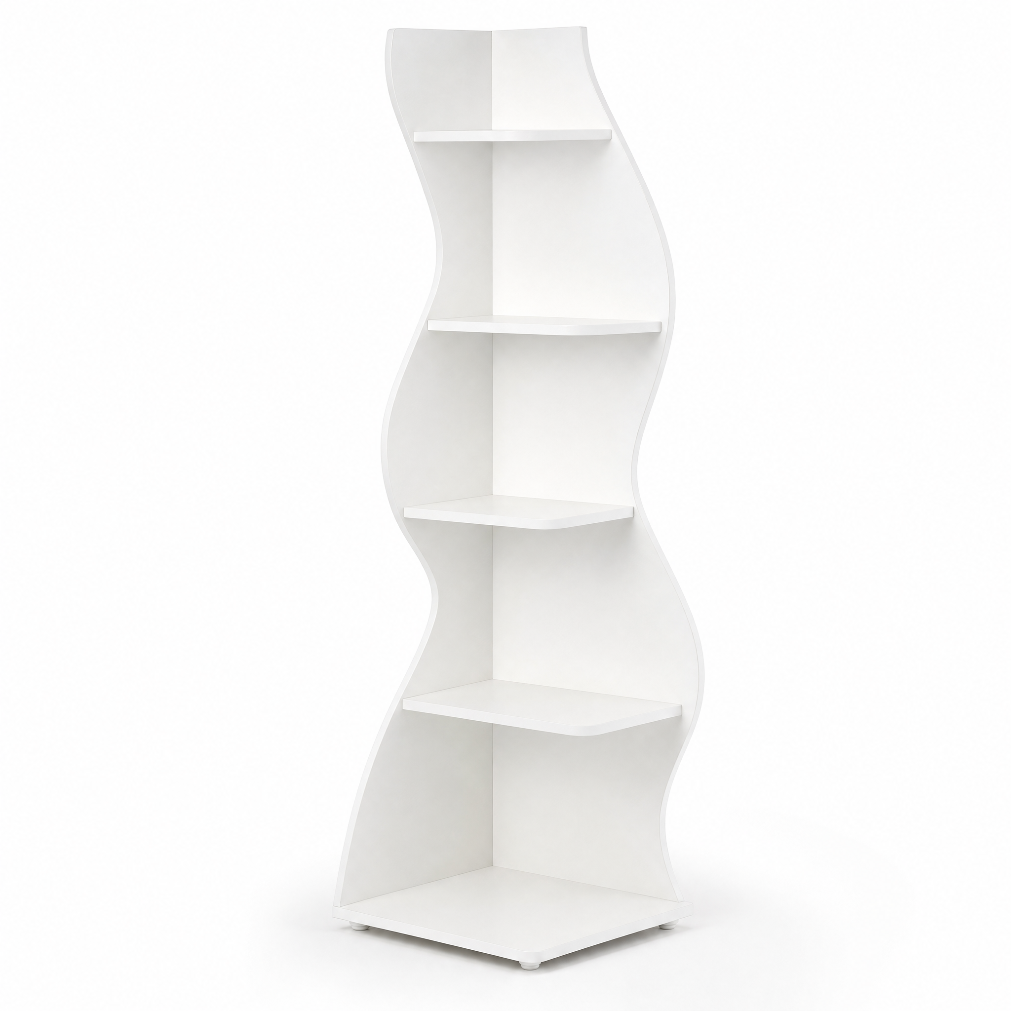 White Wave 5-Tier Corner Bookshelf with Curved Silhouette for Living Room — 65"H Floor Shelf