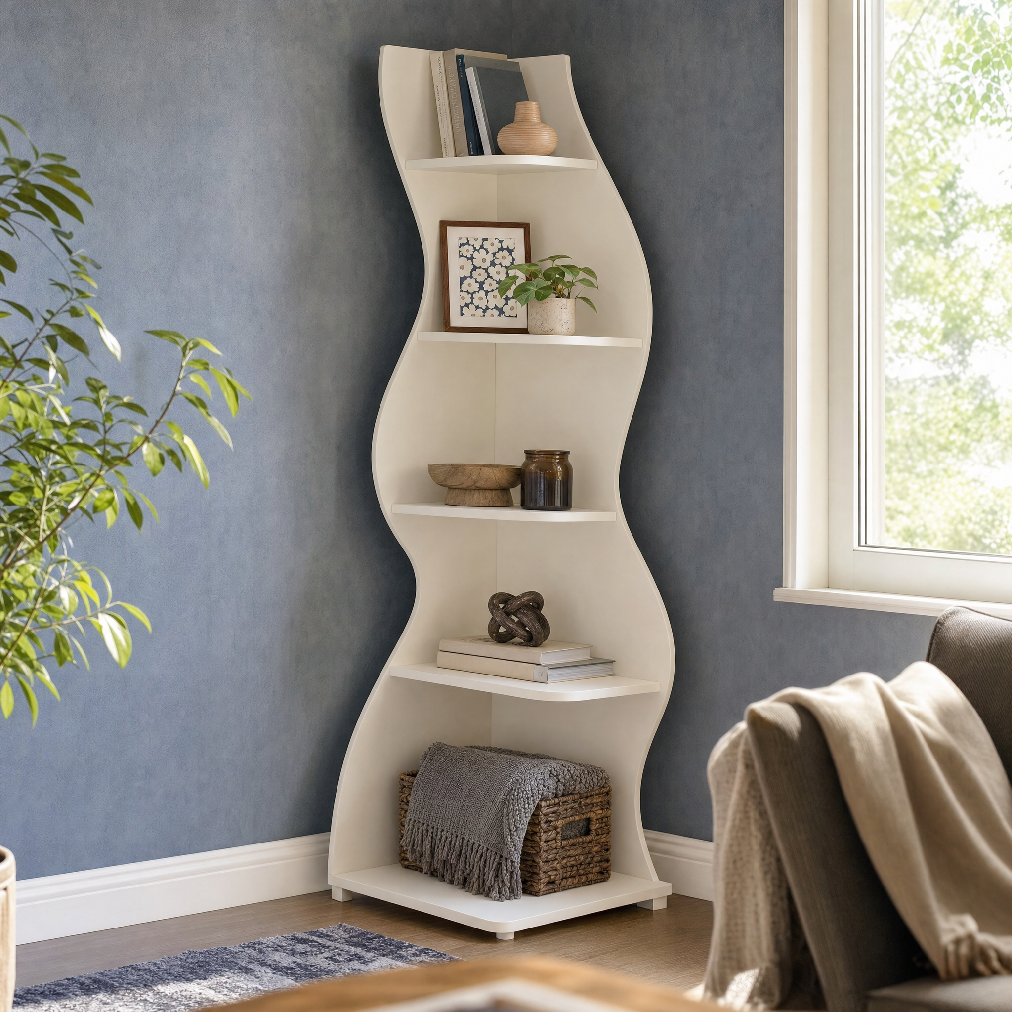 White Wave 5-Tier Corner Bookshelf with Curved Silhouette for Living Room — 65"H Floor Shelf