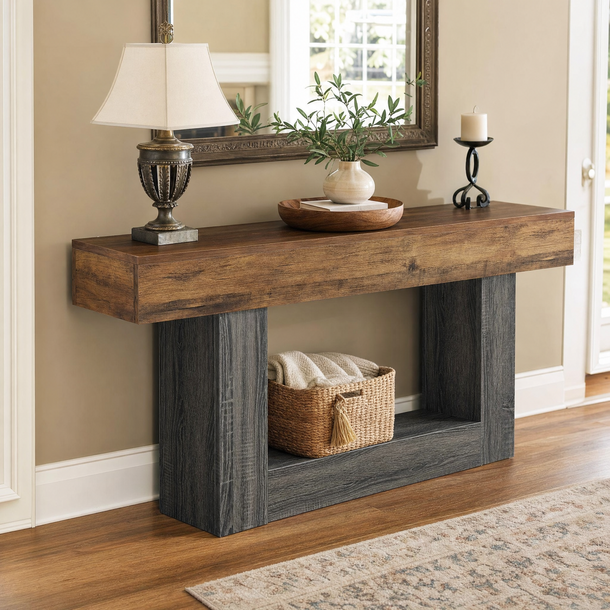 Two-Tone Farmhouse Console Table with Lower Shelf for Entryway — 63"