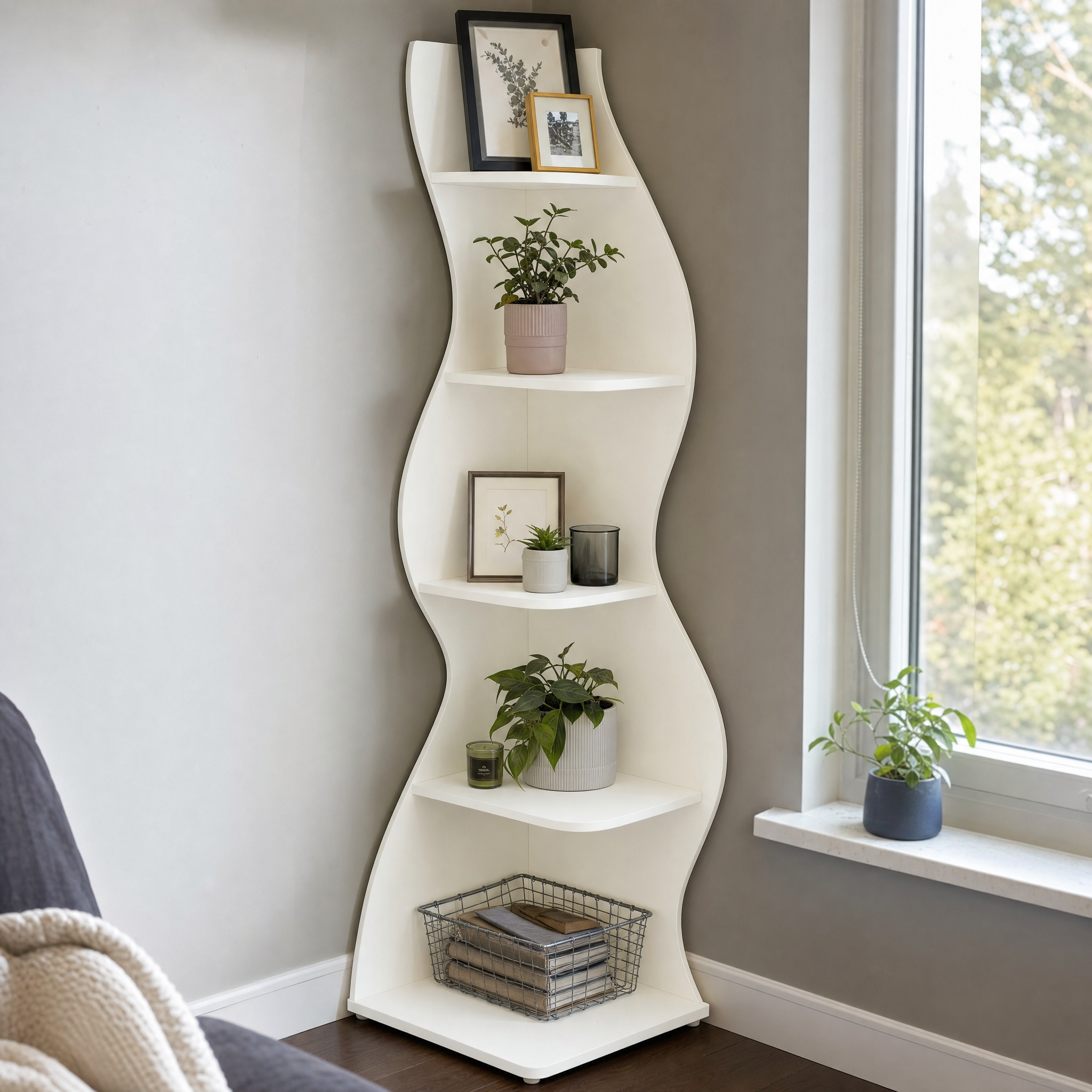 White Wave 5-Tier Corner Bookshelf with Curved Silhouette for Living Room — 65"H Floor Shelf