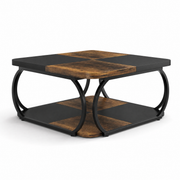 Two-Tone Wood Coffee Table with Storage Shelf for Living Room — 40in Square, Curved Metal Frame