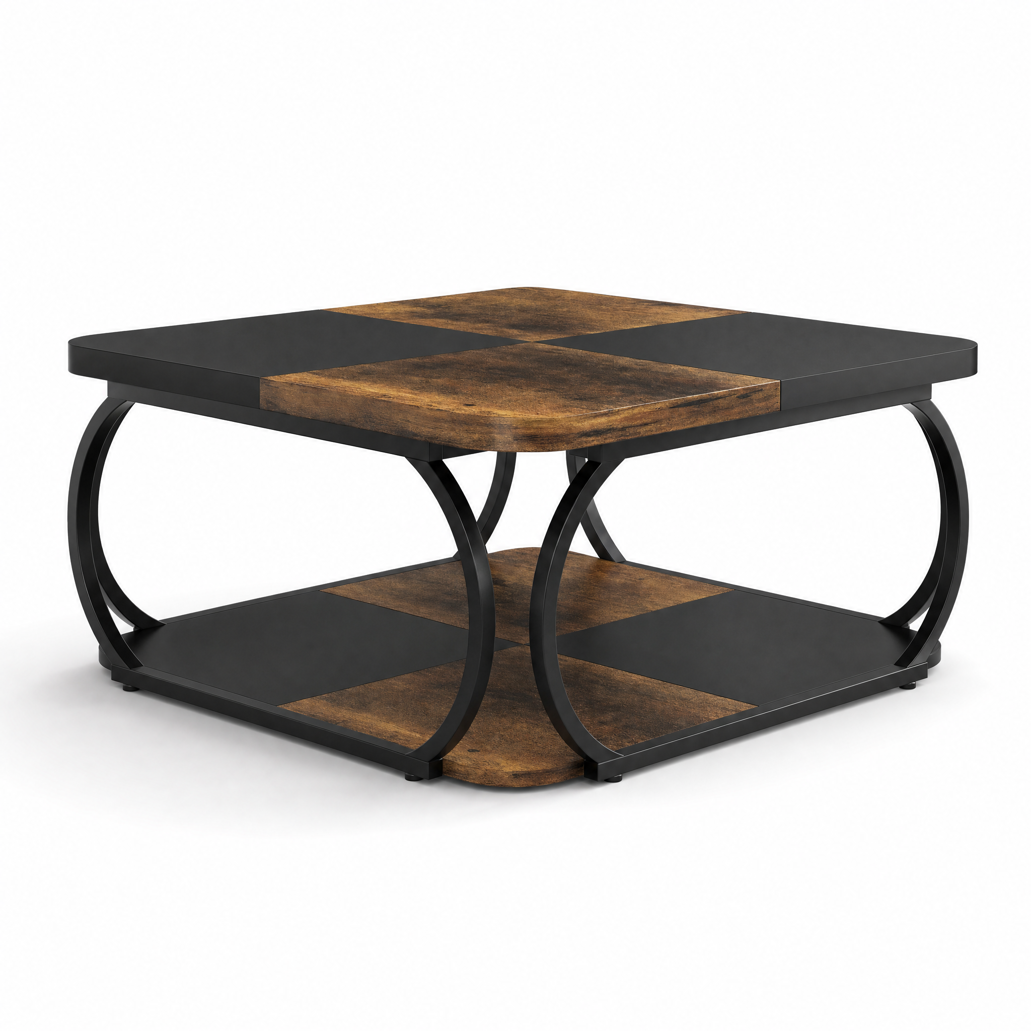 Two-Tone Wood Coffee Table with Storage Shelf for Living Room — 40in Square, Curved Metal Frame