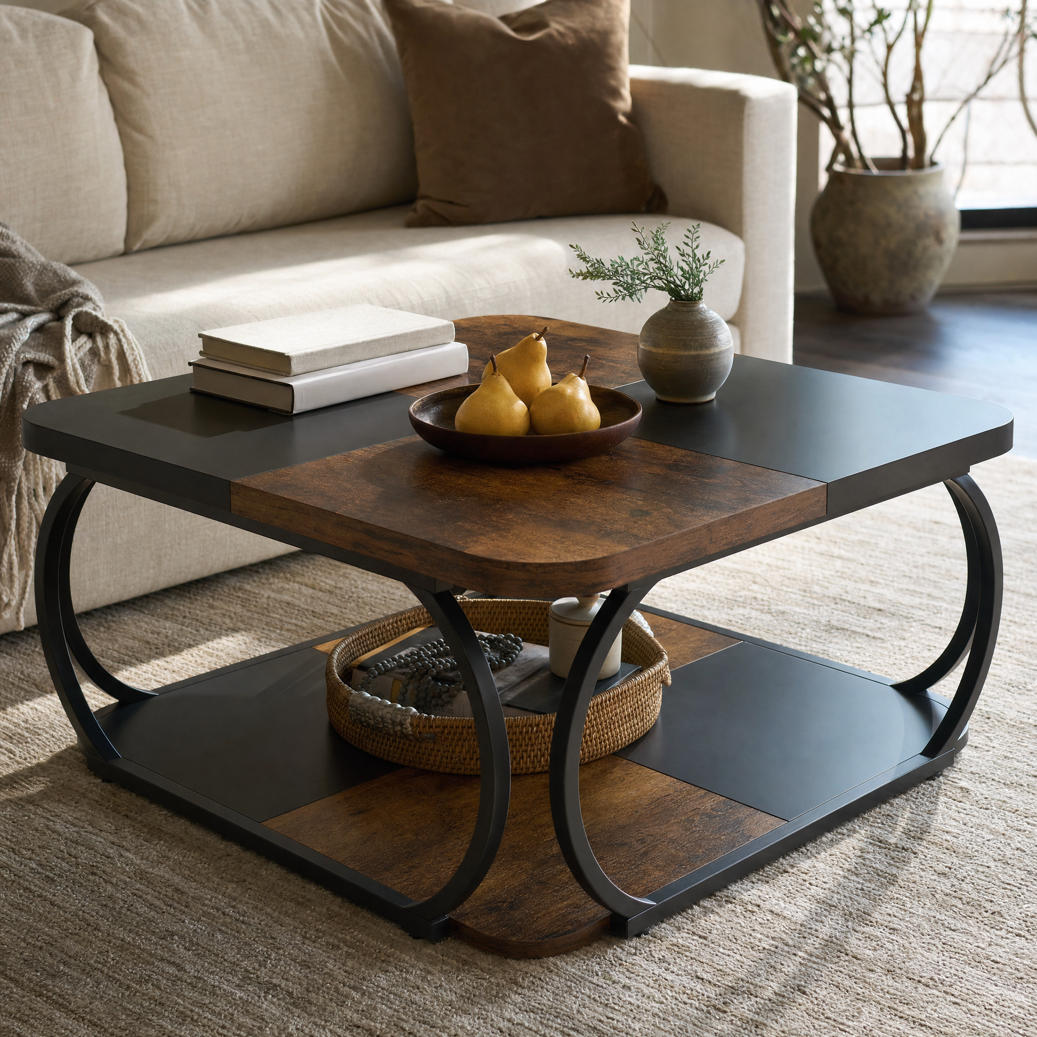 Two-Tone Wood Coffee Table with Storage Shelf for Living Room — 40in Square, Curved Metal Frame