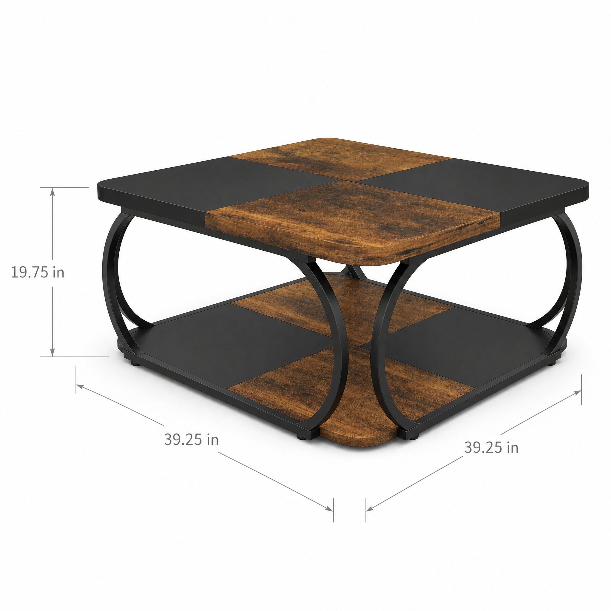 Two-Tone Wood Coffee Table with Storage Shelf for Living Room — 40in Square, Curved Metal Frame