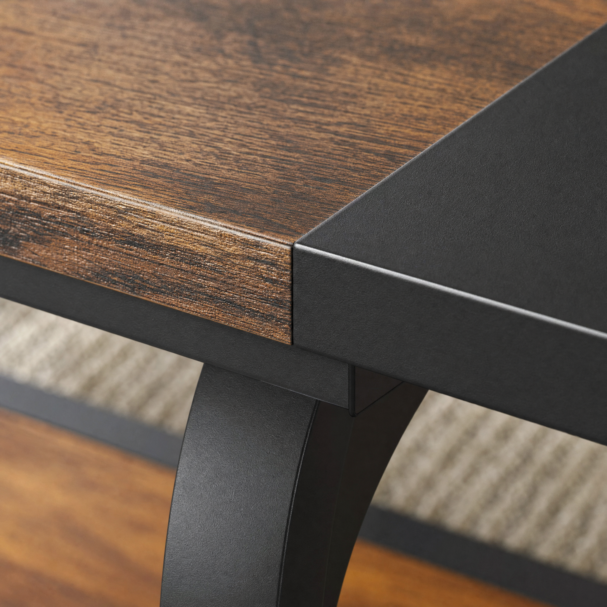 Two-Tone Wood Coffee Table with Storage Shelf for Living Room — 40in Square, Curved Metal Frame
