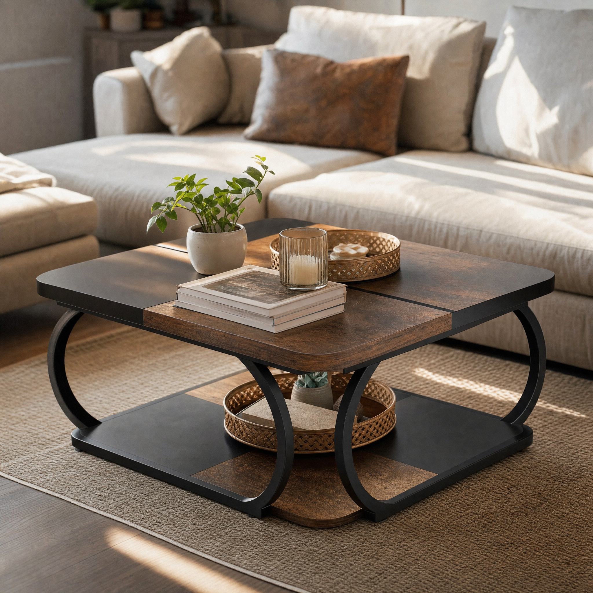 Two-Tone Wood Coffee Table with Storage Shelf for Living Room — 40in Square, Curved Metal Frame